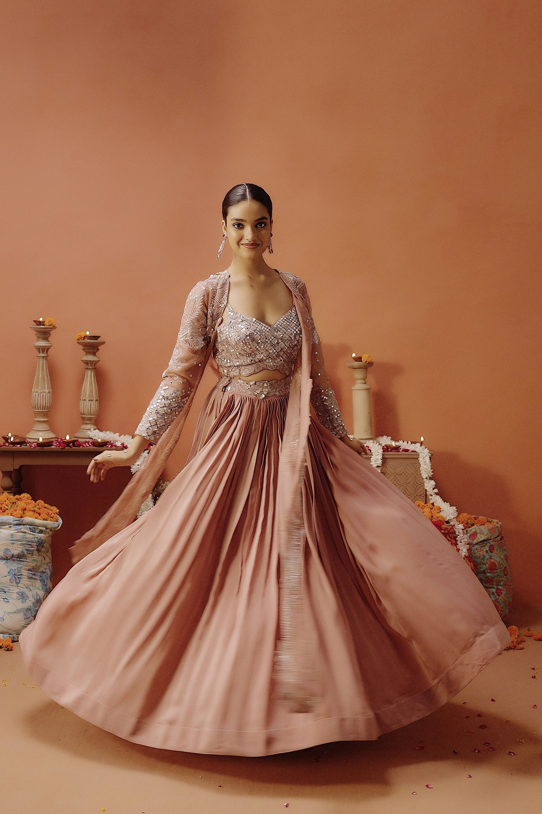 Blush Pink Embellished Satin Silk Lehenga Set
