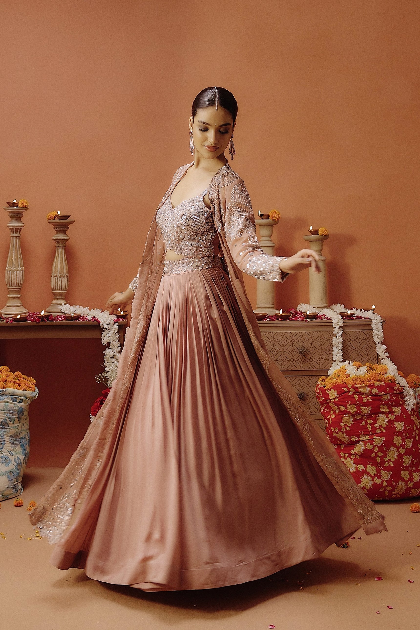 Blush Pink Embellished Satin Silk Lehenga Set