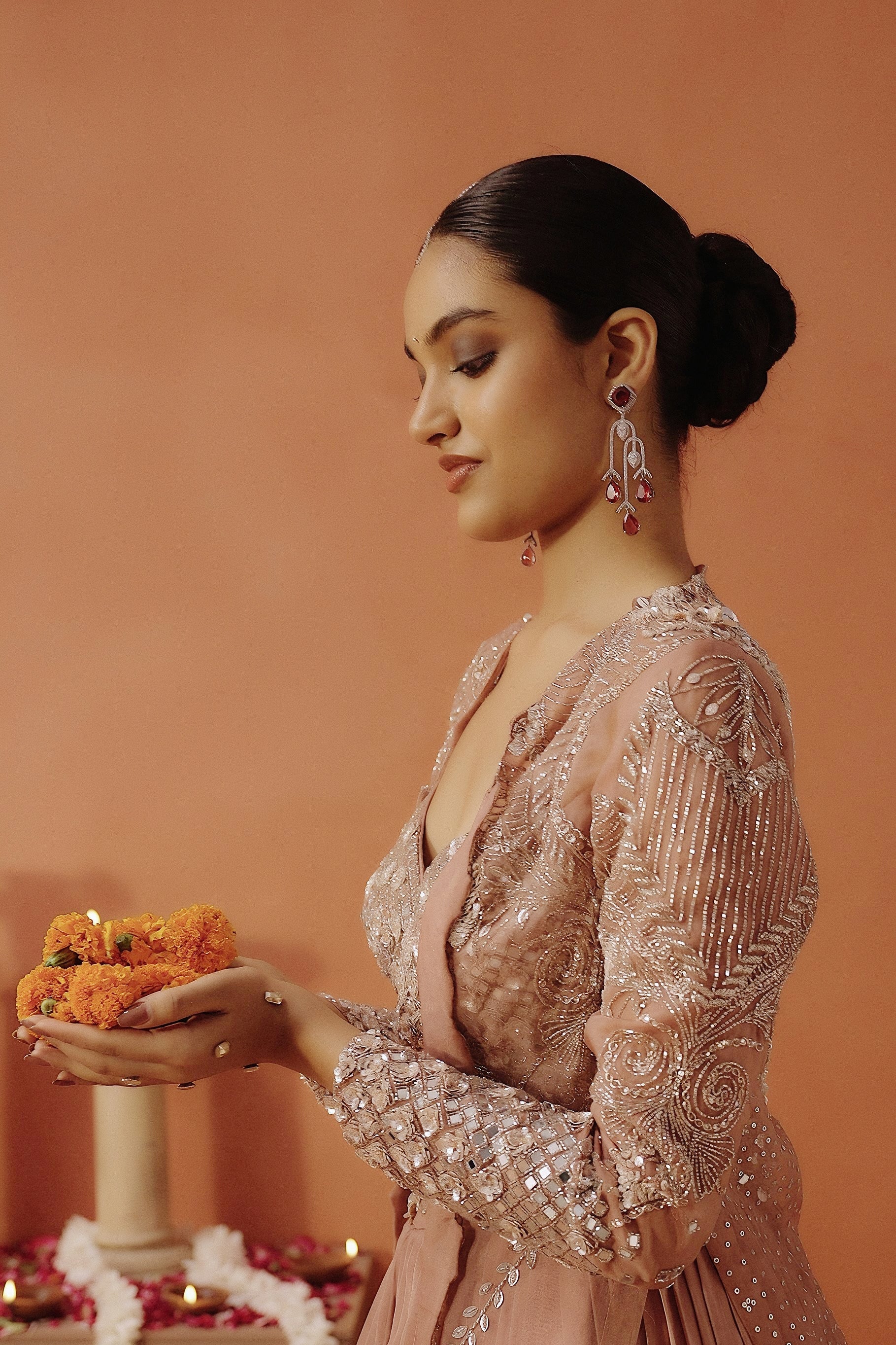 Blush Pink Embellished Satin Silk Lehenga Set
