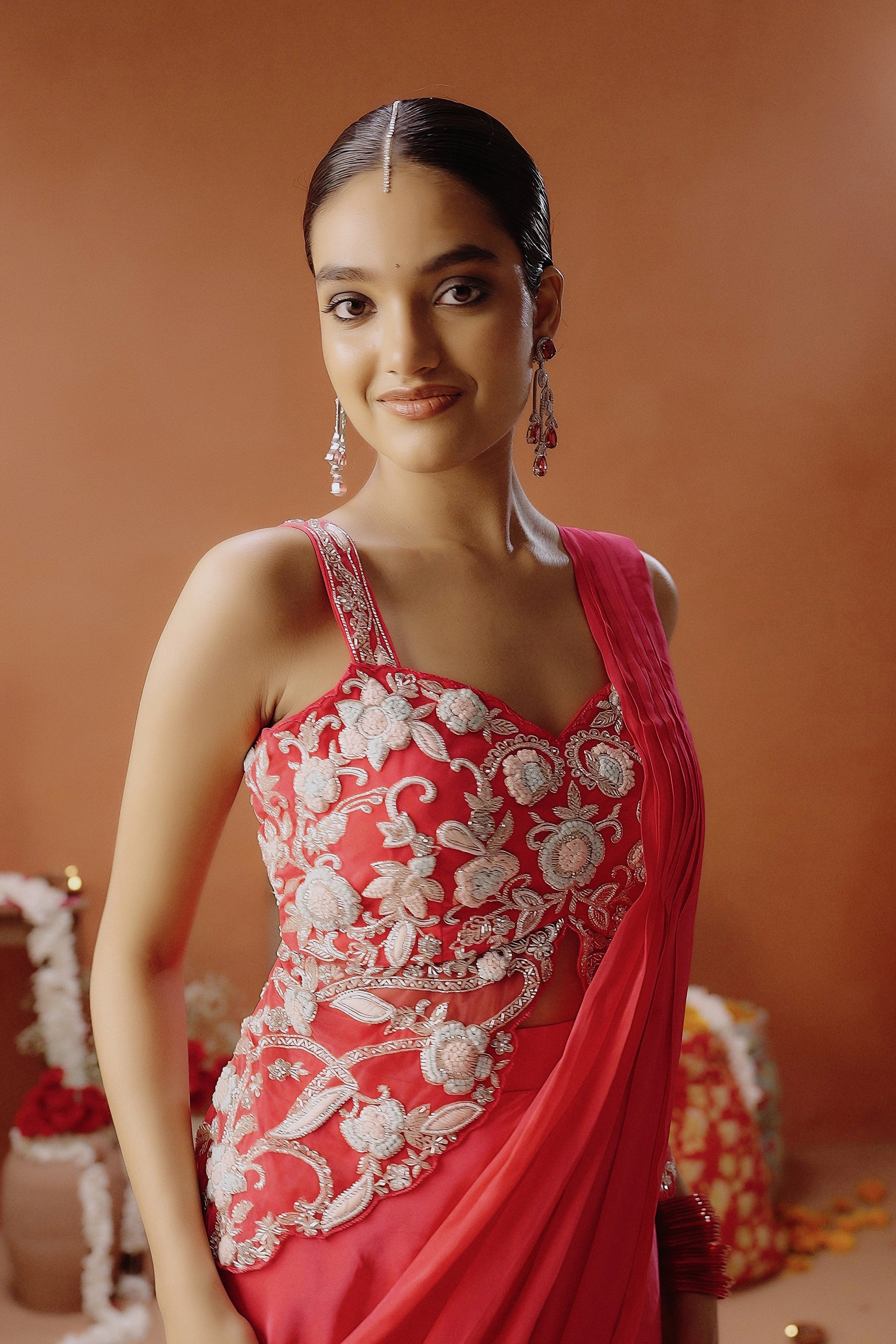 Hot Pink Embellished Satin Silk Draped Saree