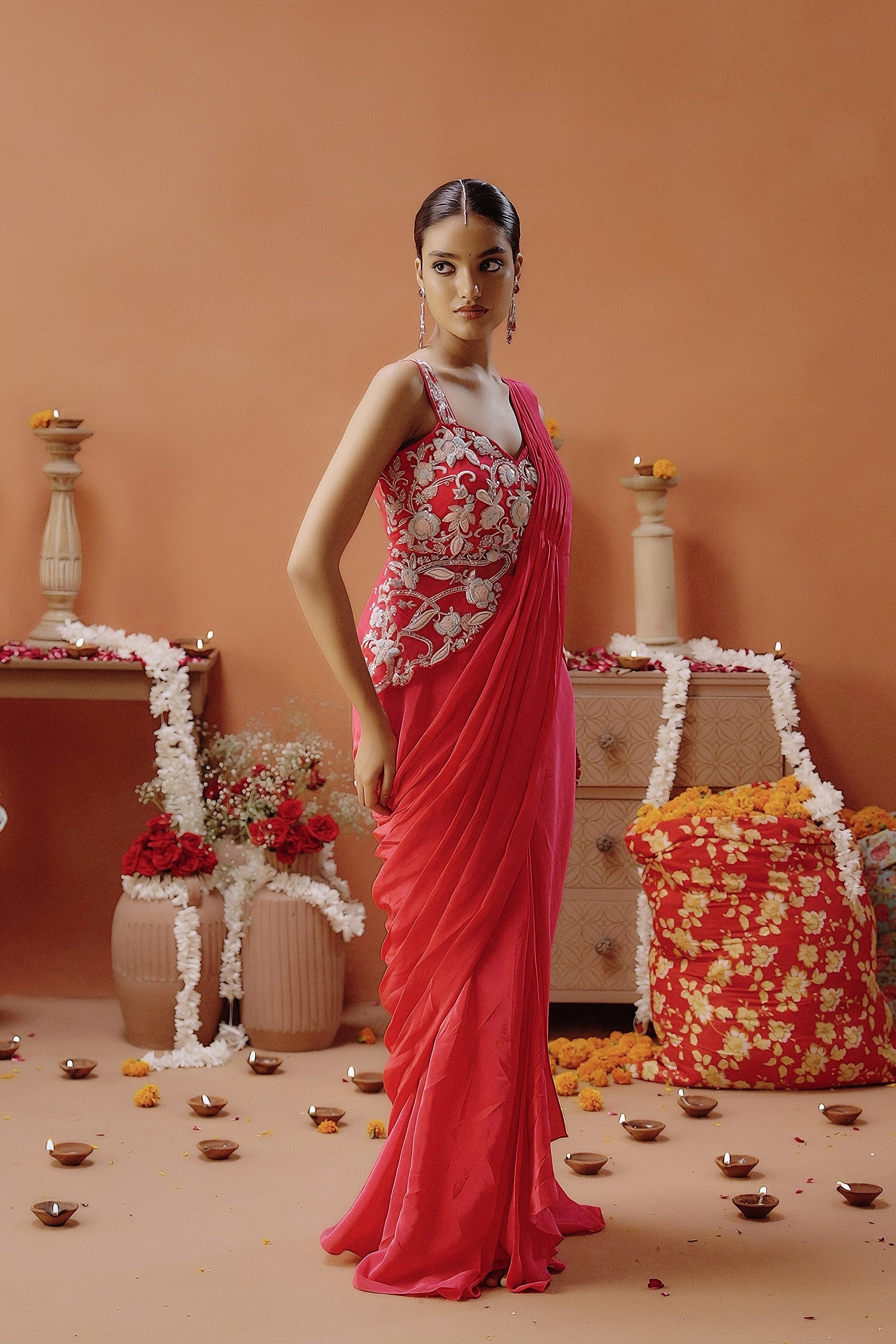 Hot Pink Embellished Satin Silk Draped Saree