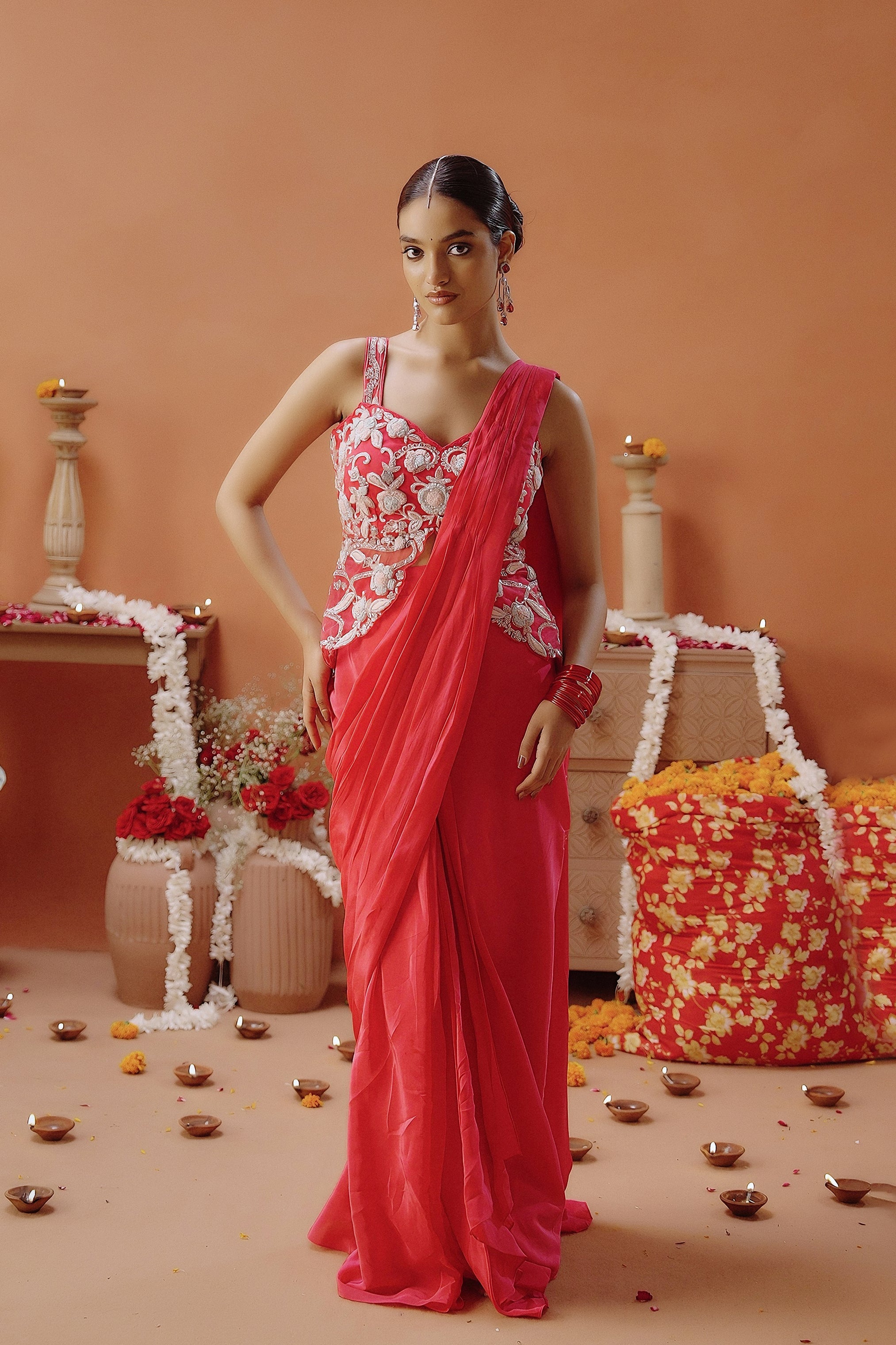 Hot Pink Embellished Satin Silk Draped Saree