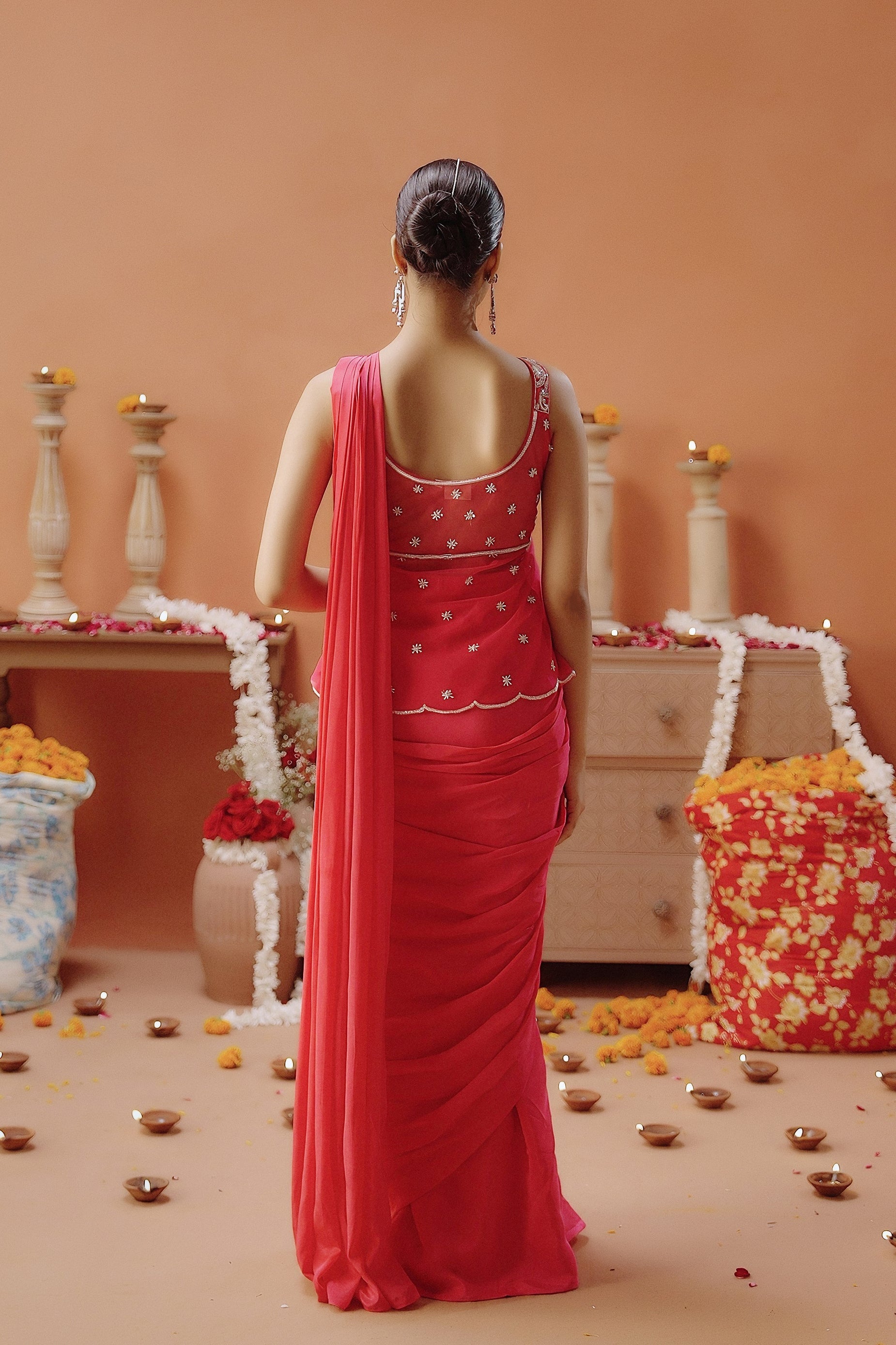 Hot Pink Embellished Satin Silk Draped Saree
