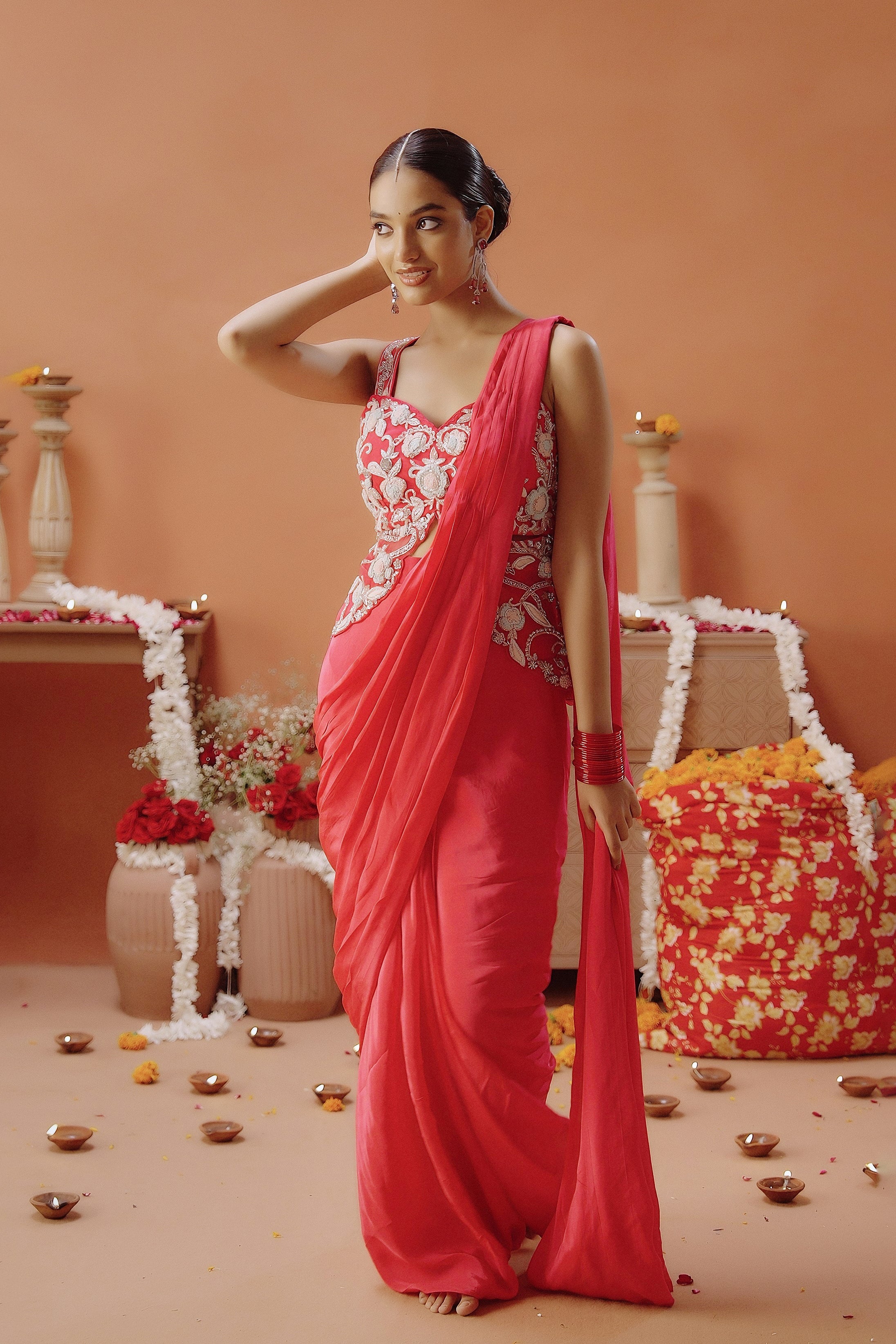 Hot Pink Embellished Satin Silk Draped Saree