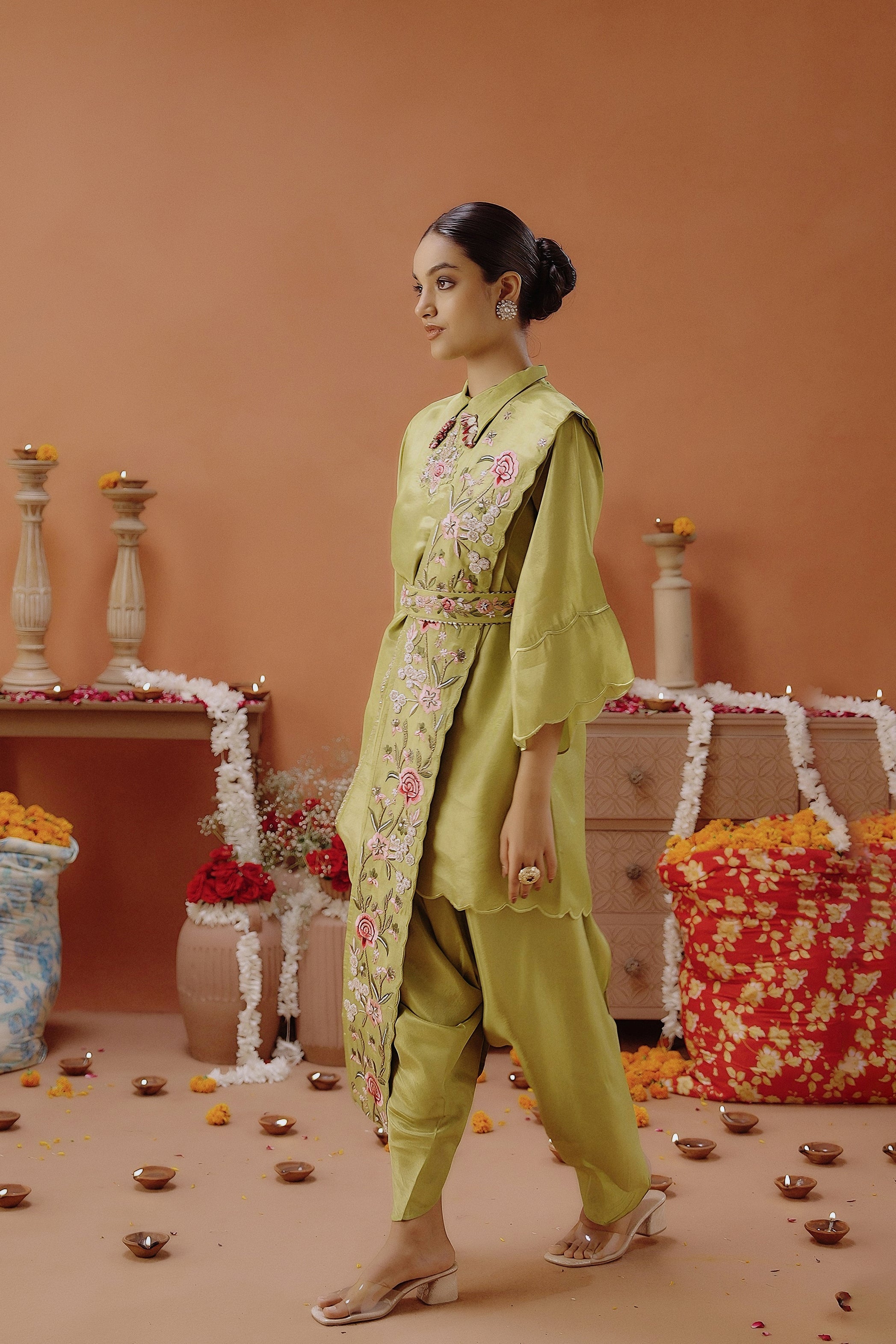 Lime Green Embellished Shimmer Tissue Silk Tunic Set