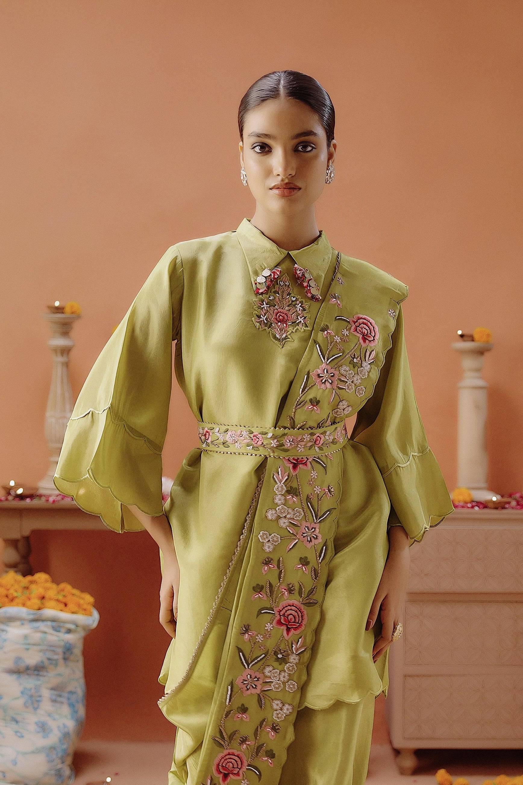 Lime Green Embellished Shimmer Tissue Silk Tunic Set