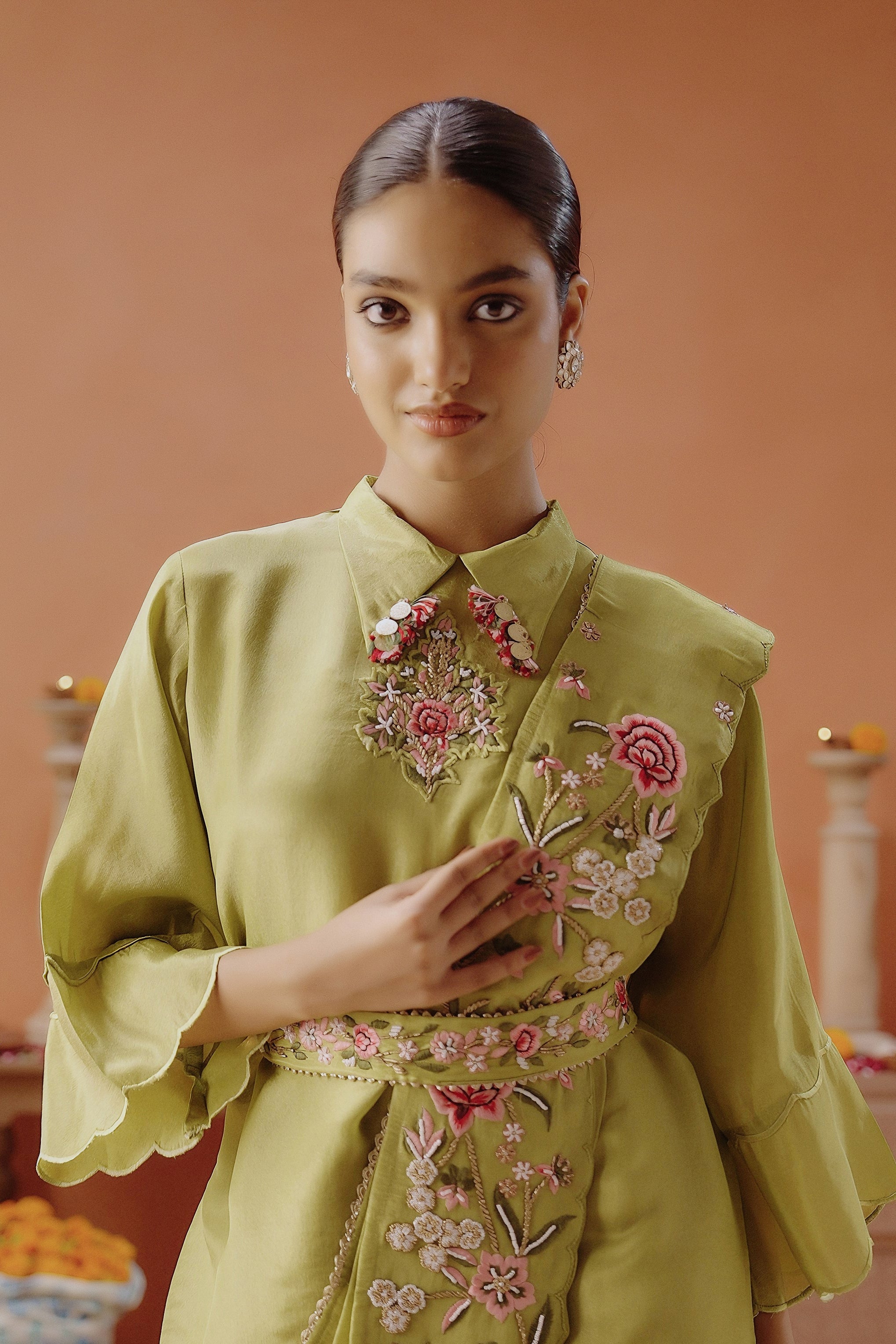 Lime Green Embellished Shimmer Tissue Silk Tunic Set