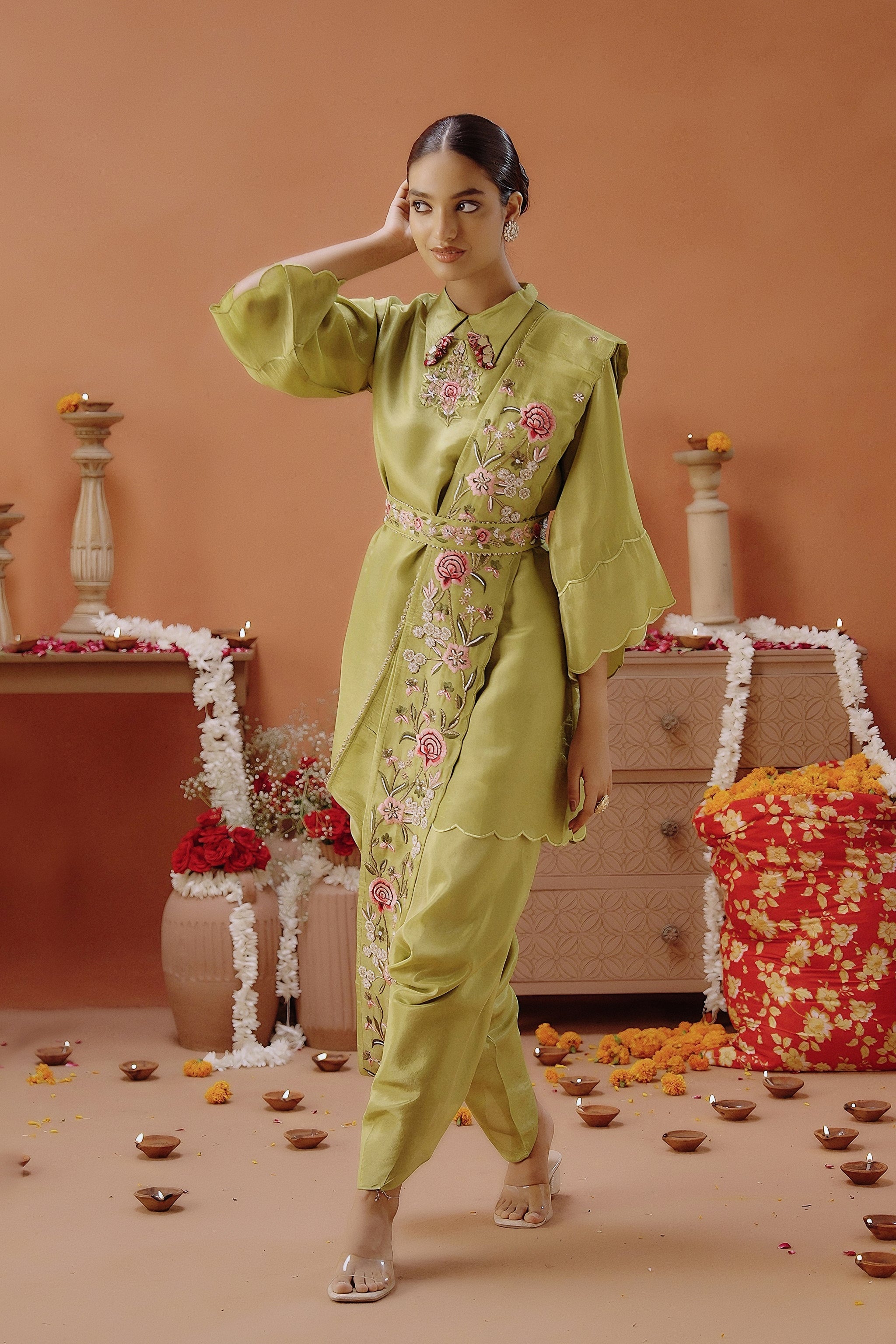 Lime Green Embellished Shimmer Tissue Silk Tunic Set