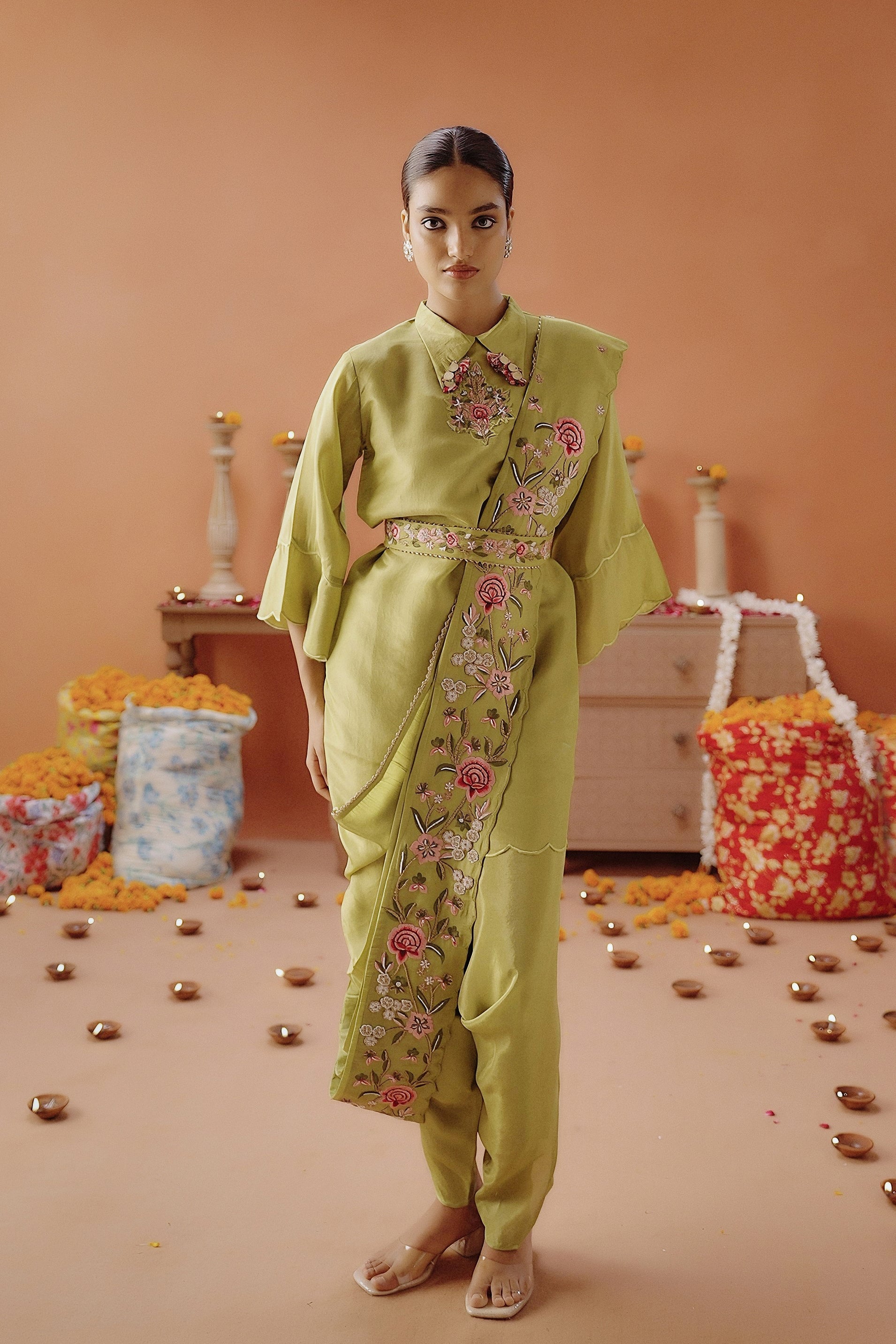 Lime Green Embellished Shimmer Tissue Silk Tunic Set