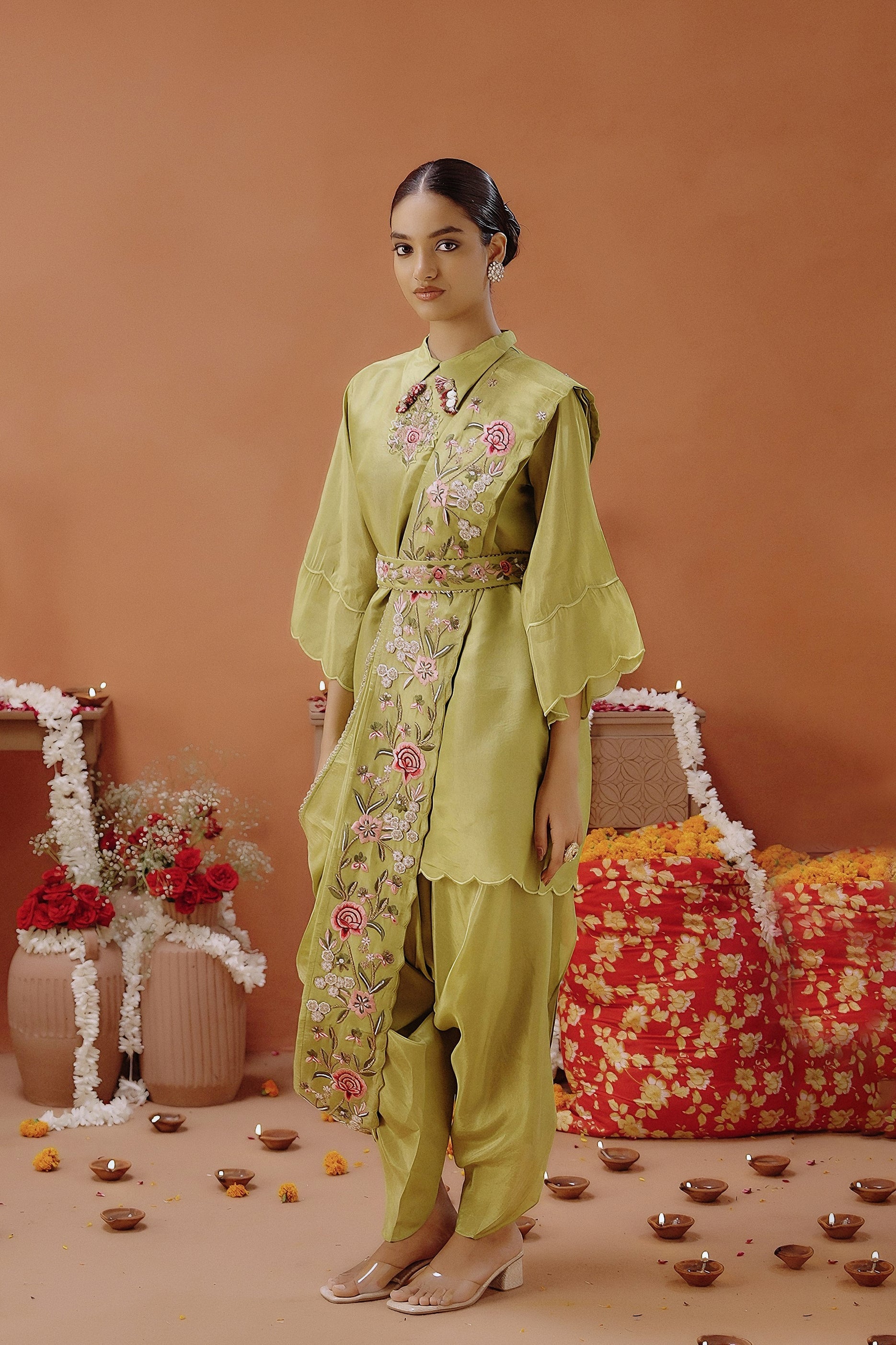 Lime Green Embellished Shimmer Tissue Silk Tunic Set