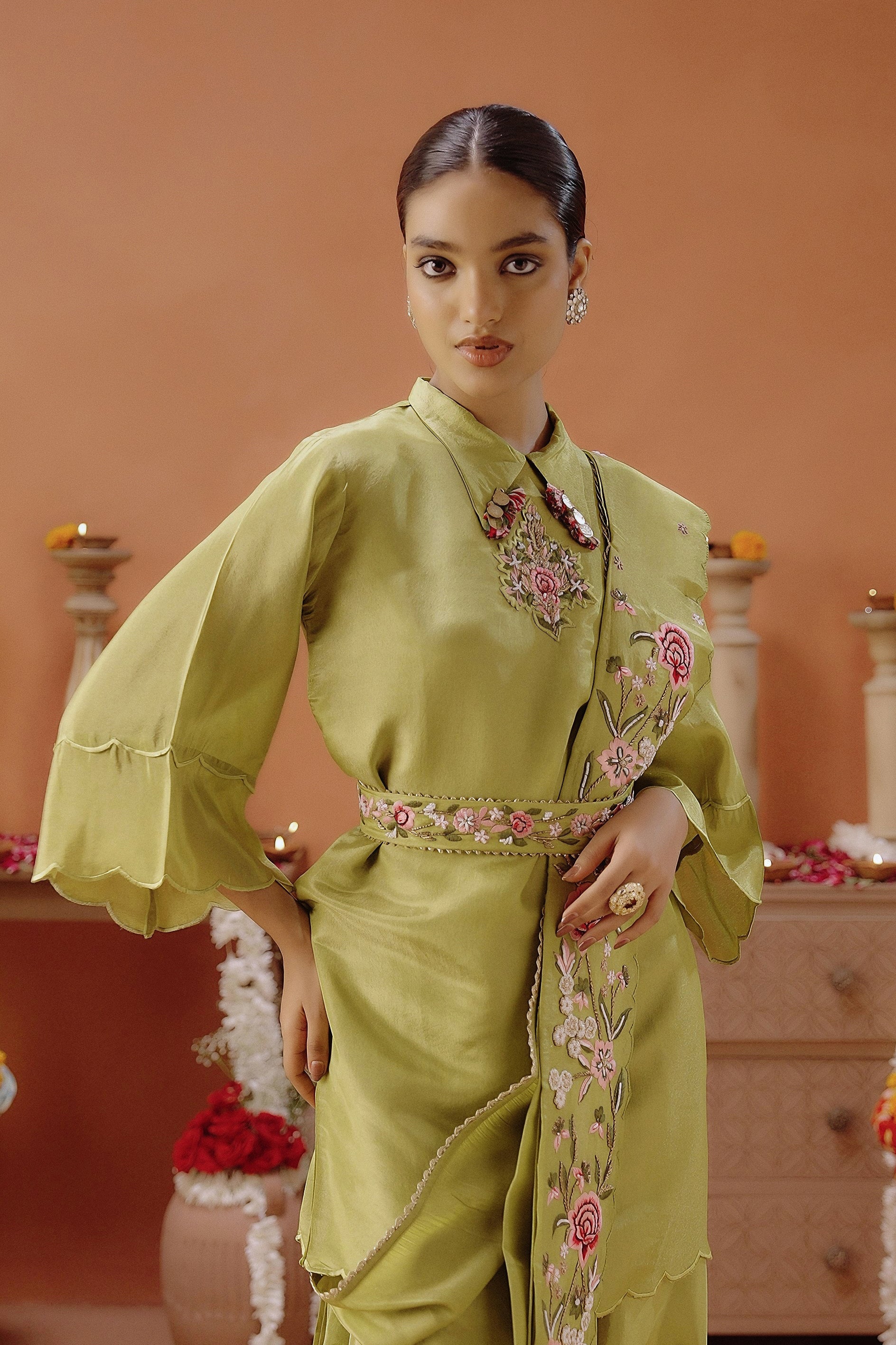 Lime Green Embellished Shimmer Tissue Silk Tunic Set