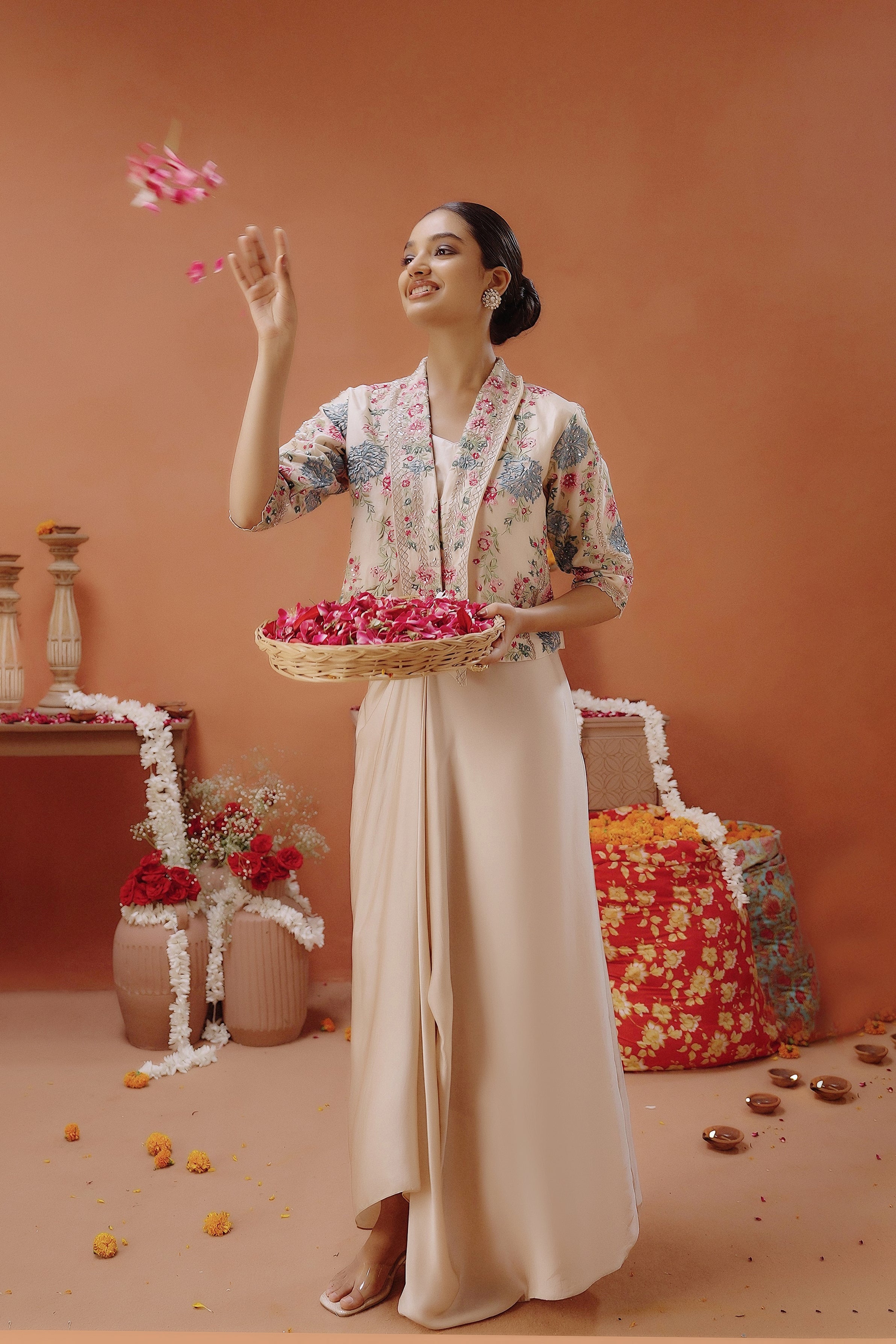 Champagne Beige Embellished Satin Silk Drape Skirt With Jacket