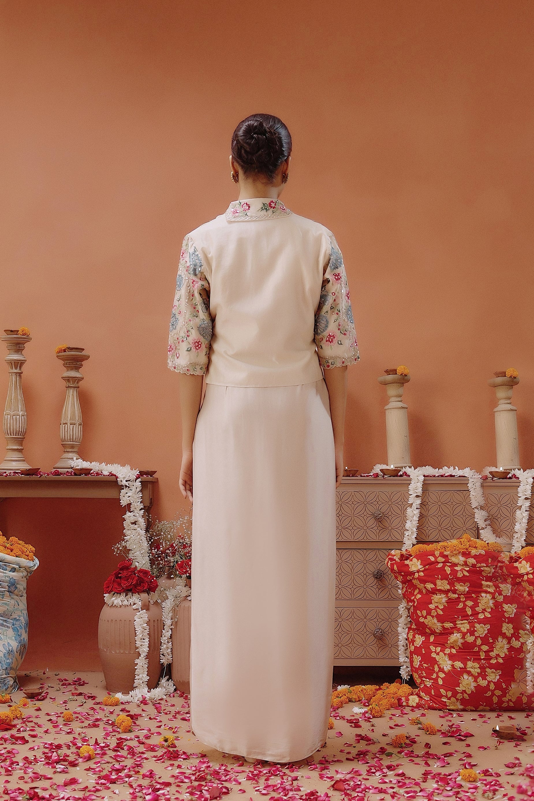 Champagne Beige Embellished Satin Silk Drape Skirt With Jacket