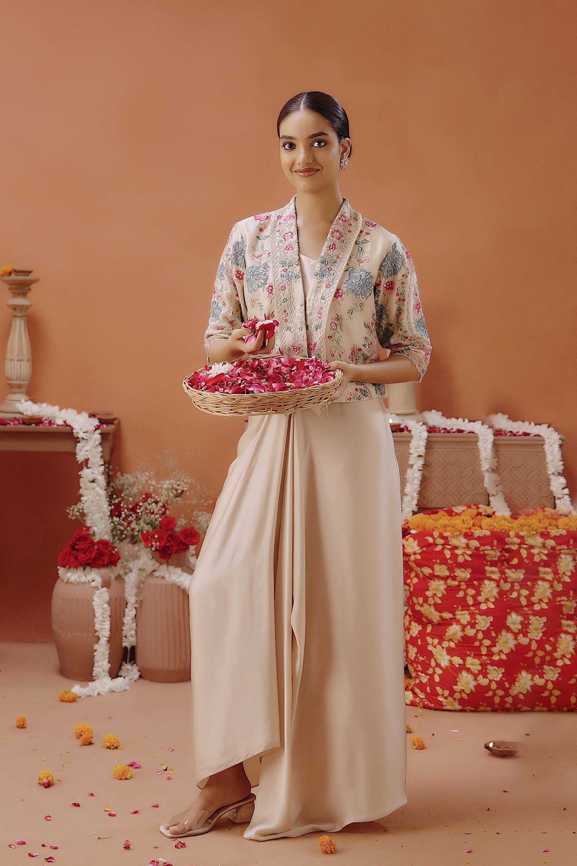 Champagne Beige Embellished Satin Silk Drape Skirt With Jacket