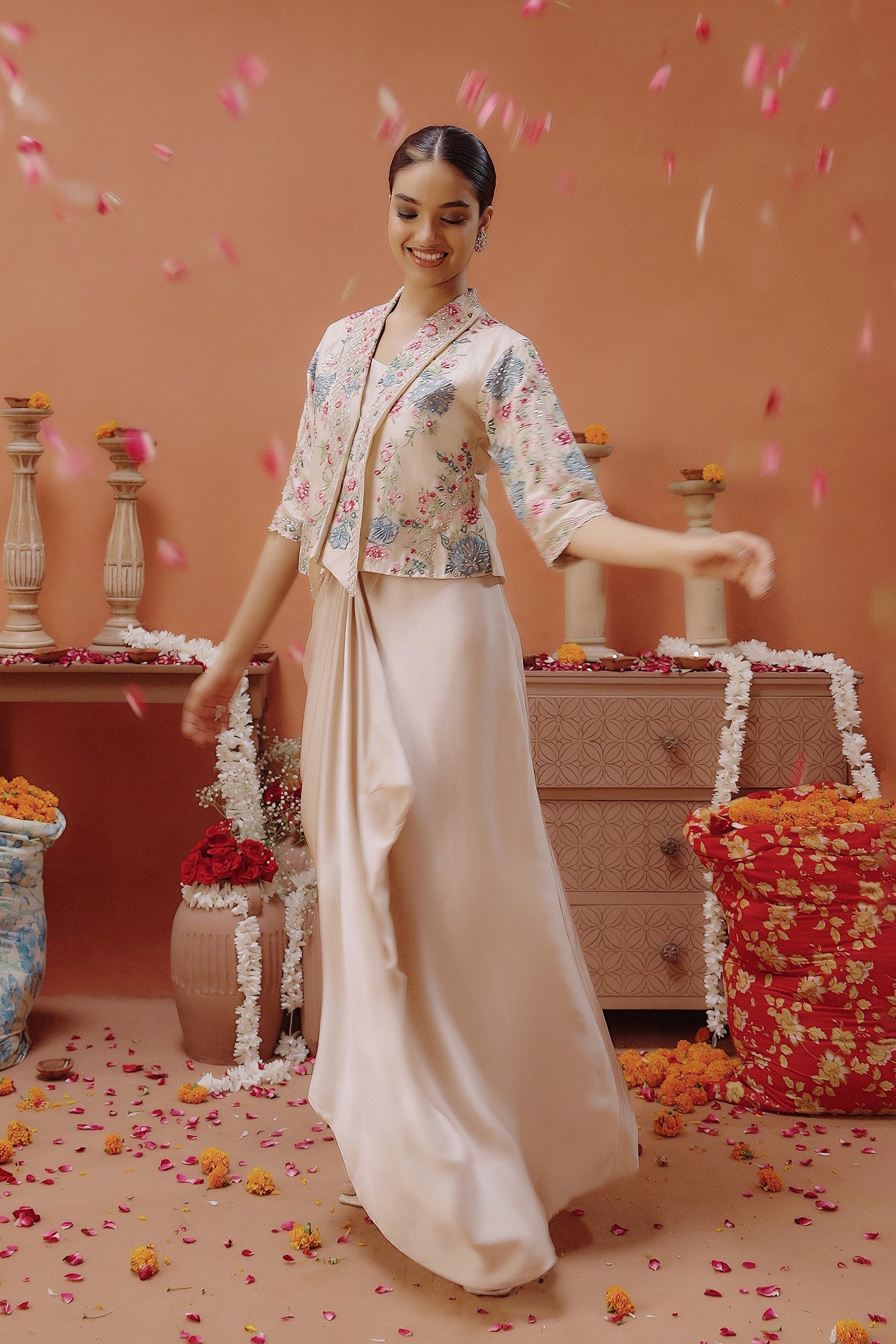 Champagne Beige Embellished Satin Silk Drape Skirt With Jacket
