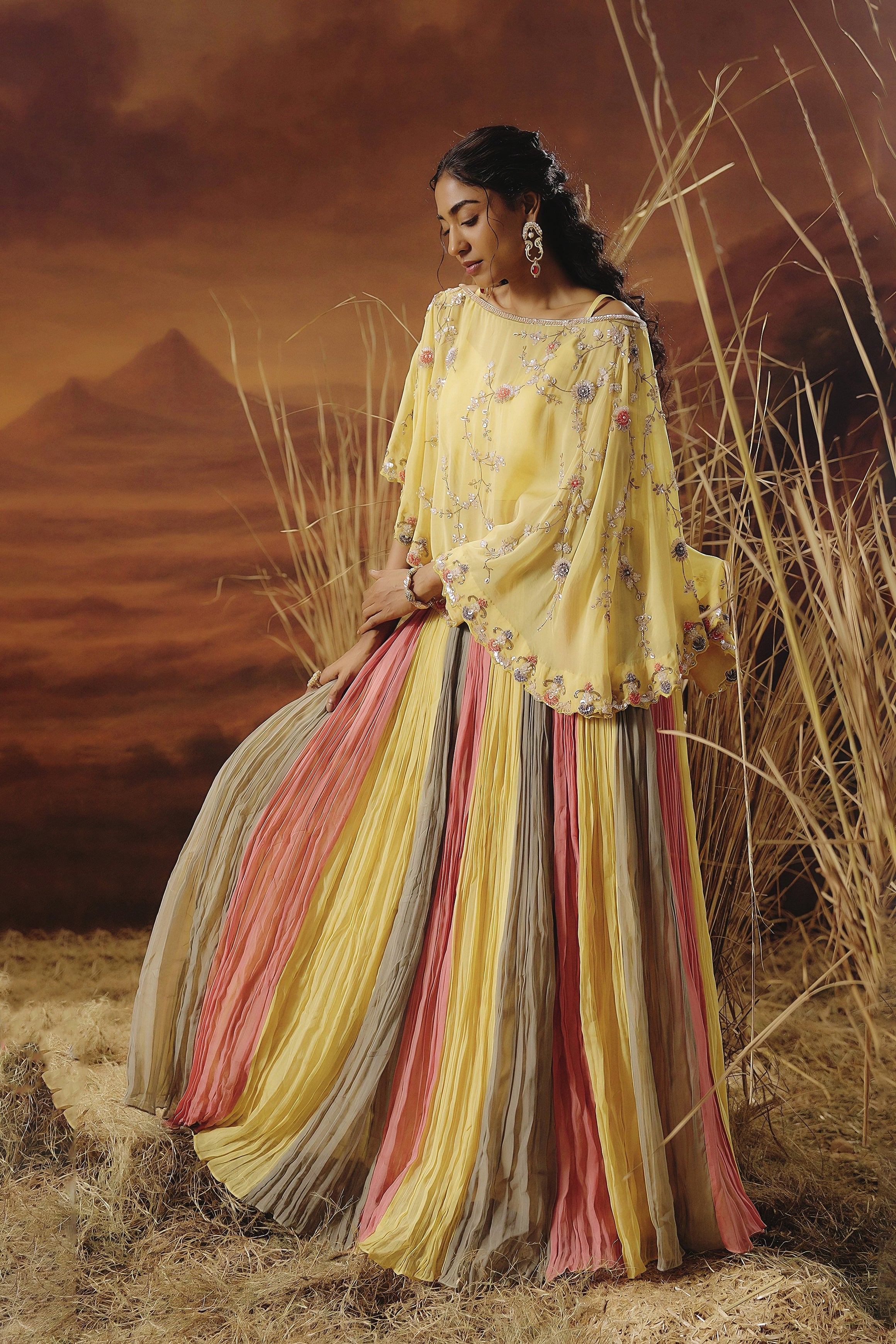 Pastel Yellow Embellished Soft Organza Silk Skirt Set