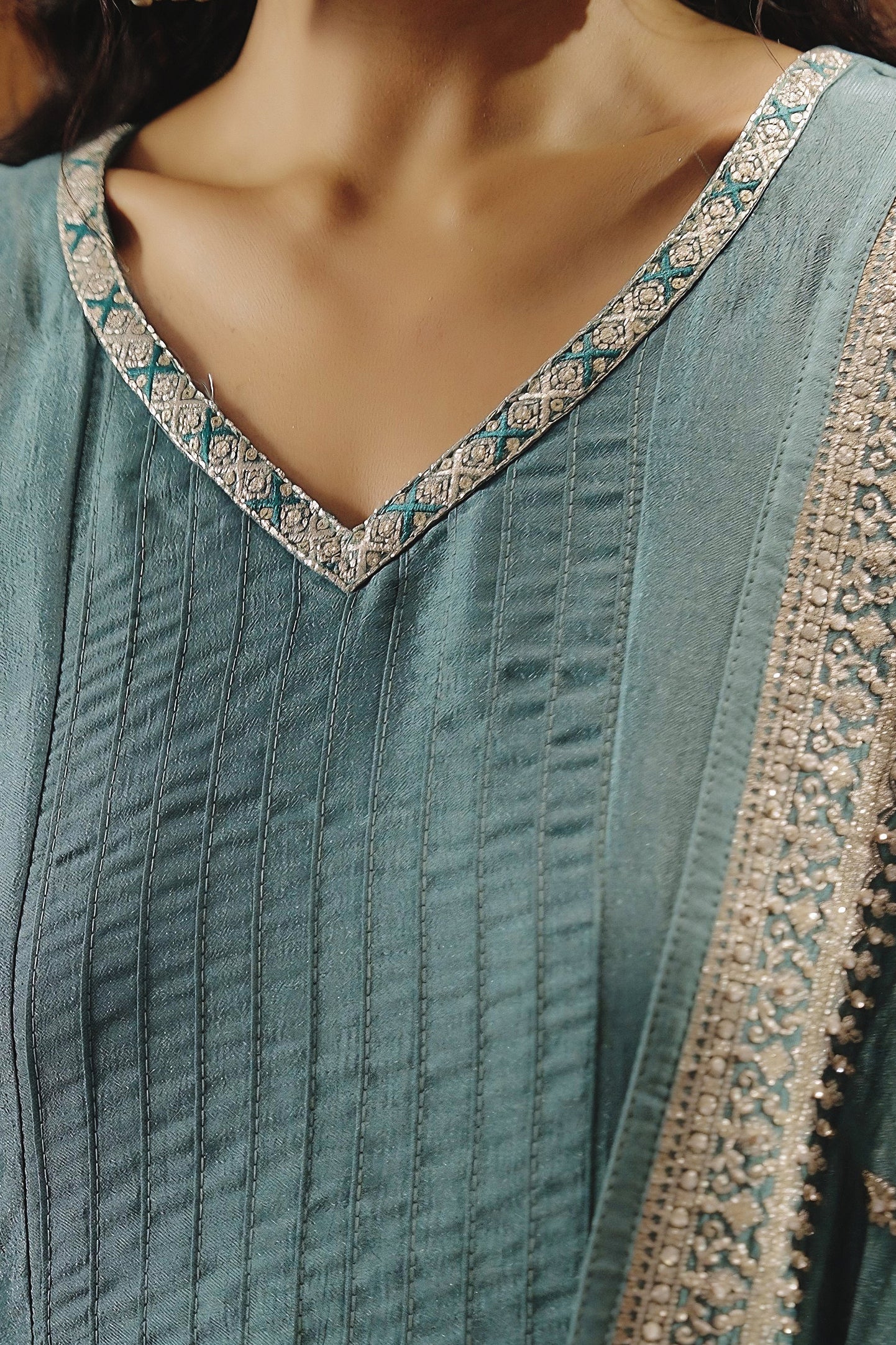 Slate Blue Embellished Premium Silk Pant Set
