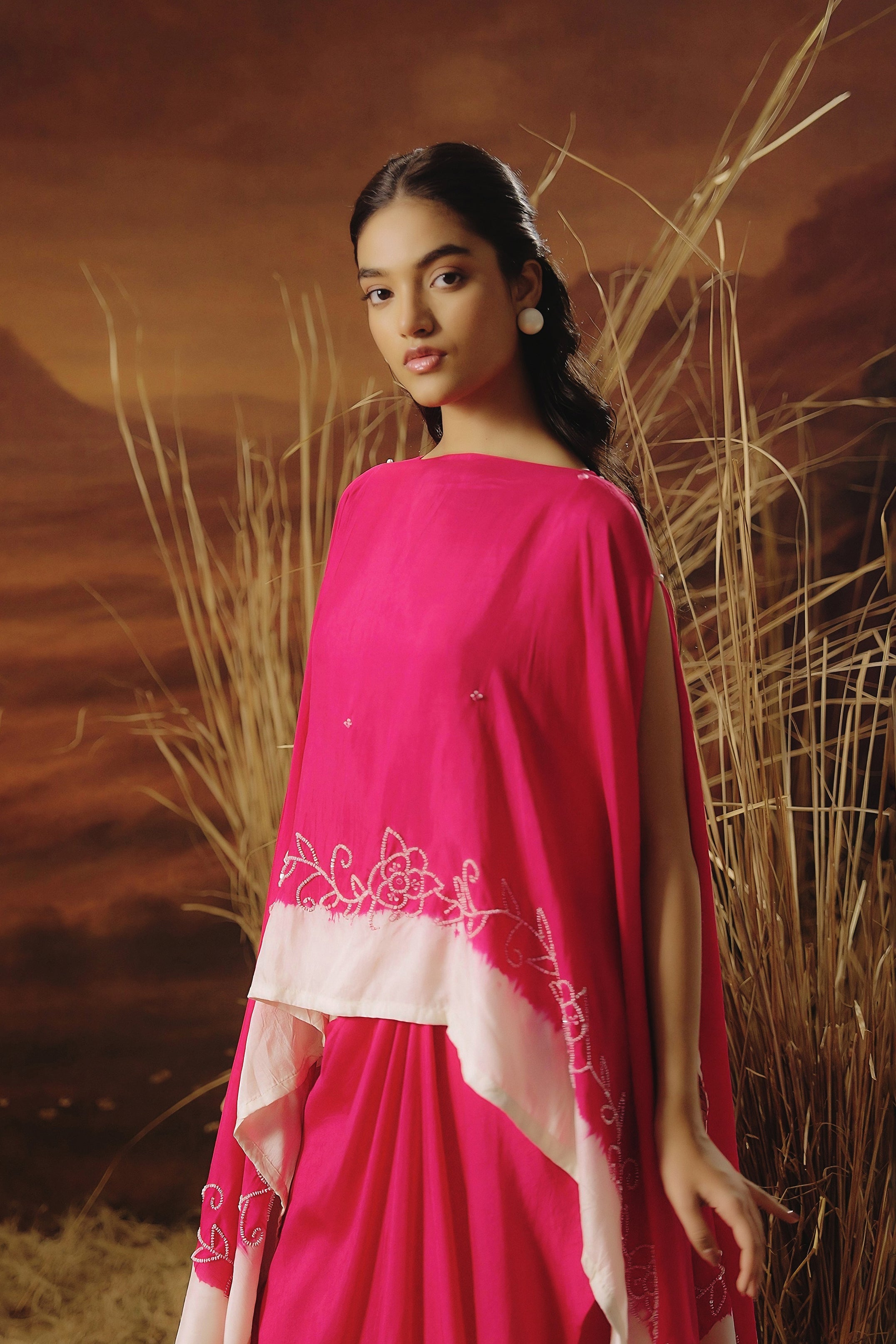 Barbie Pink Embellished Raw Silk Gown Set