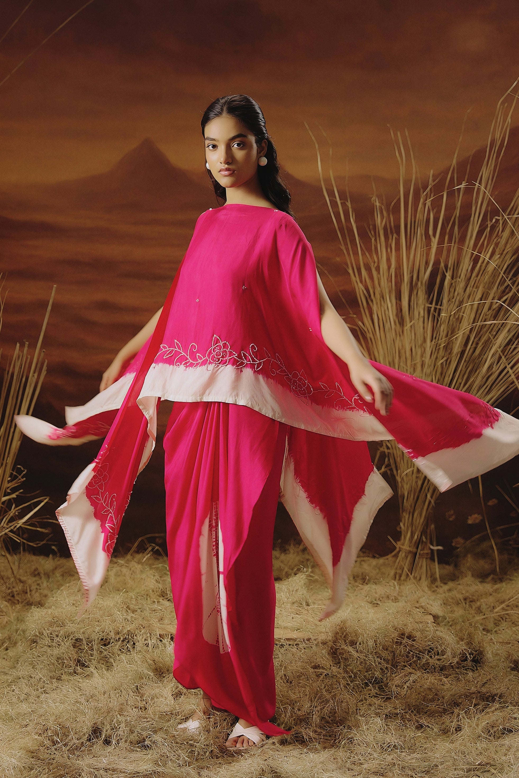 Barbie Pink Embellished Raw Silk Gown Set