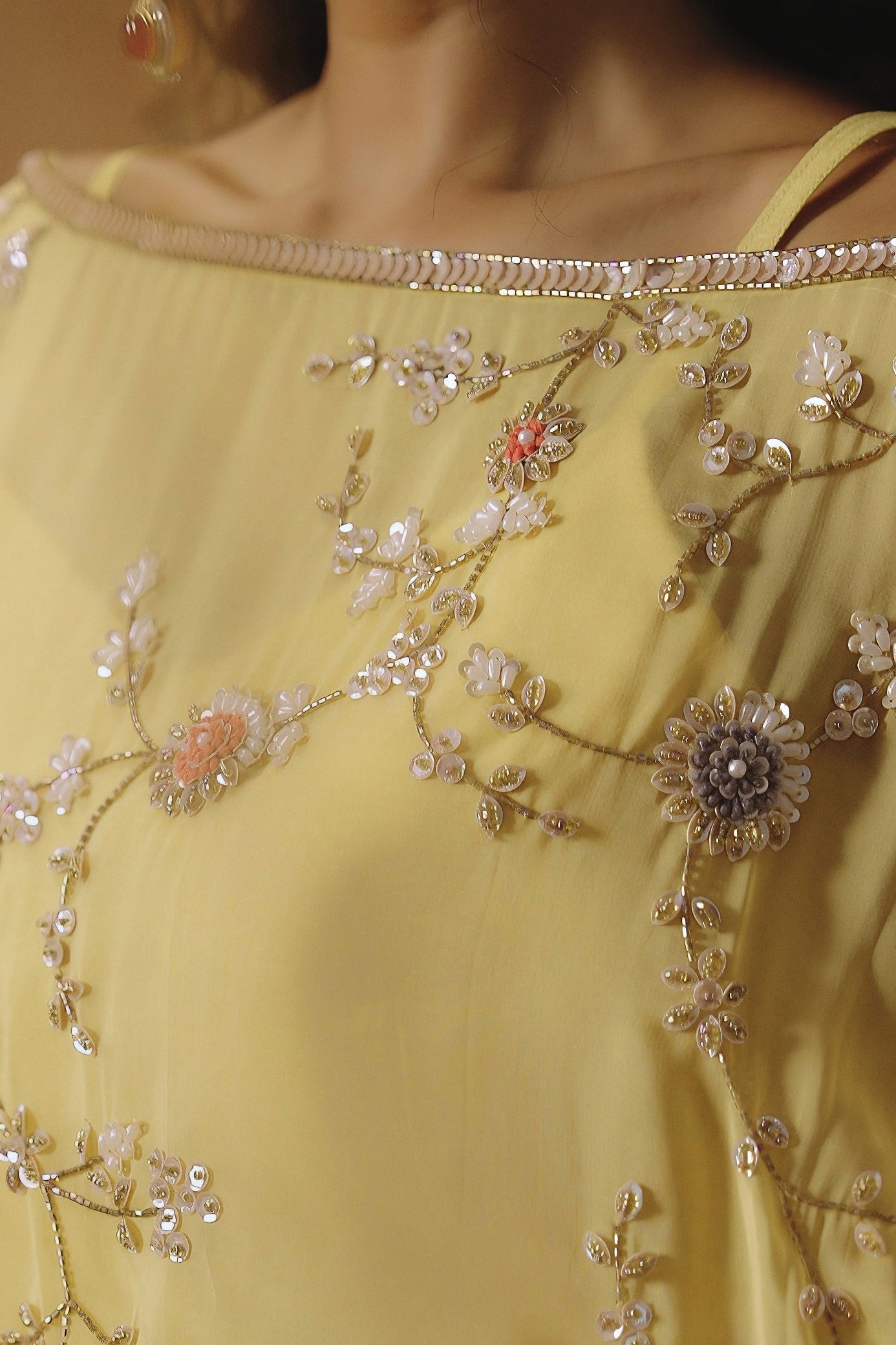 Pastel Yellow Embellished Soft Organza Silk Skirt Set