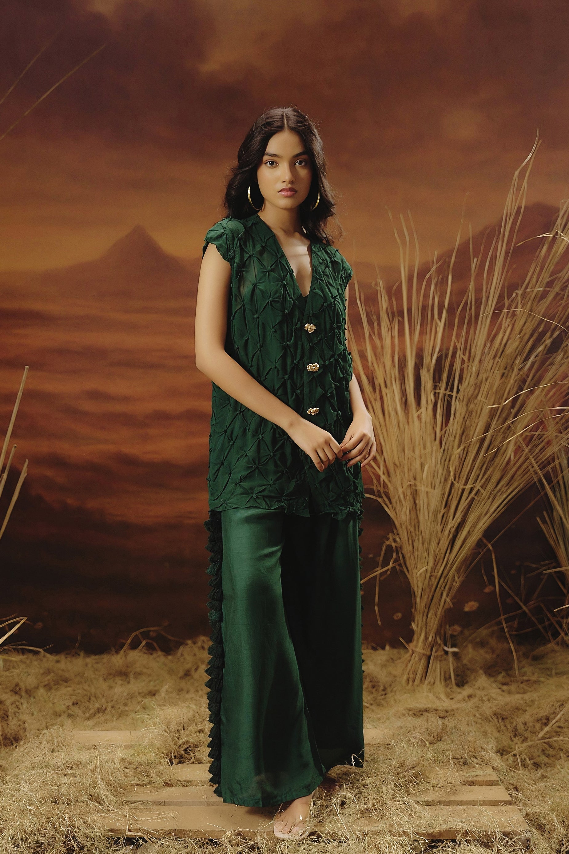 Royal Green Embroidered Raw Silk Co-Ord Set