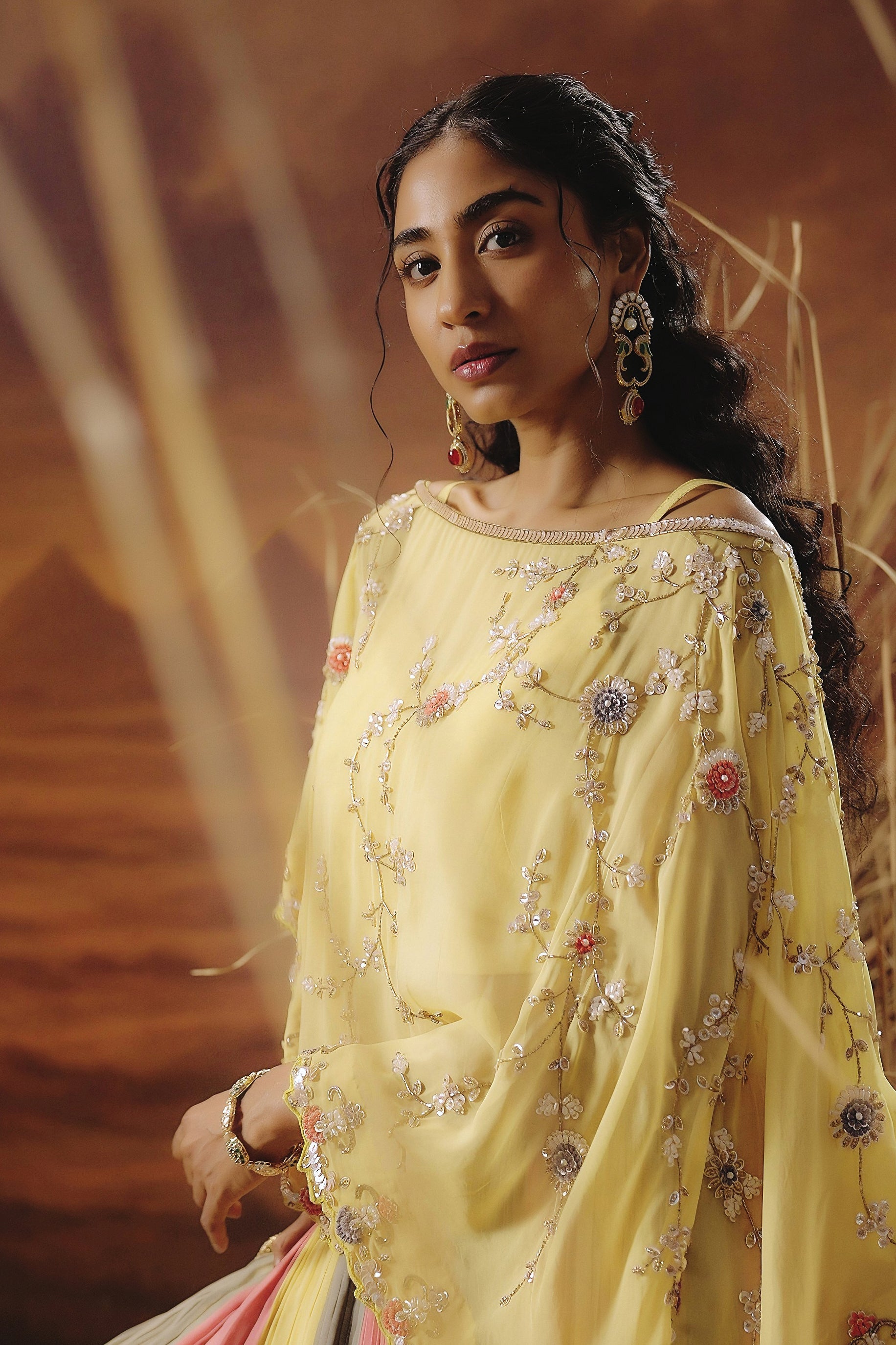 Pastel Yellow Embellished Soft Organza Silk Skirt Set