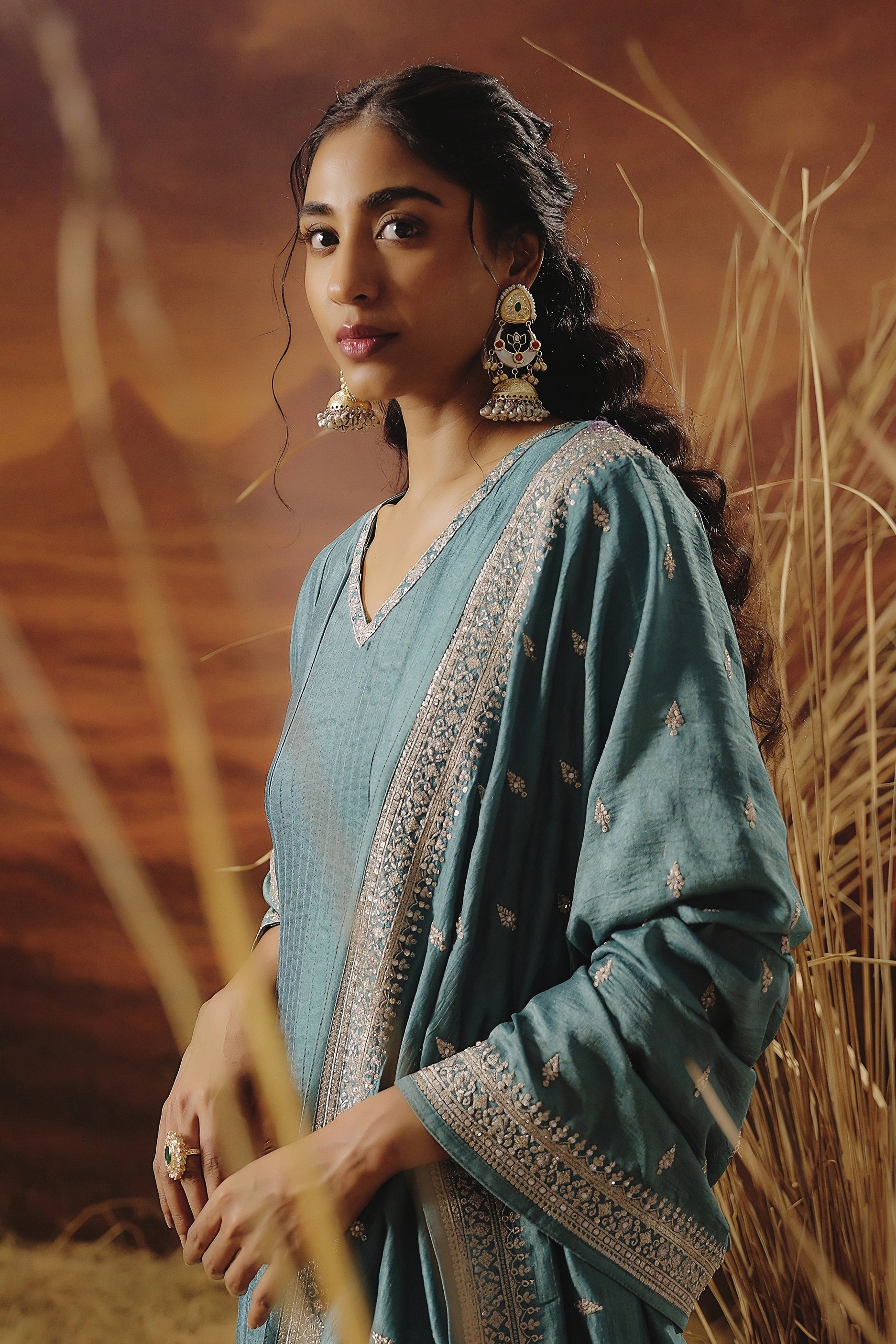 Slate Blue Embellished Premium Silk Pant Set