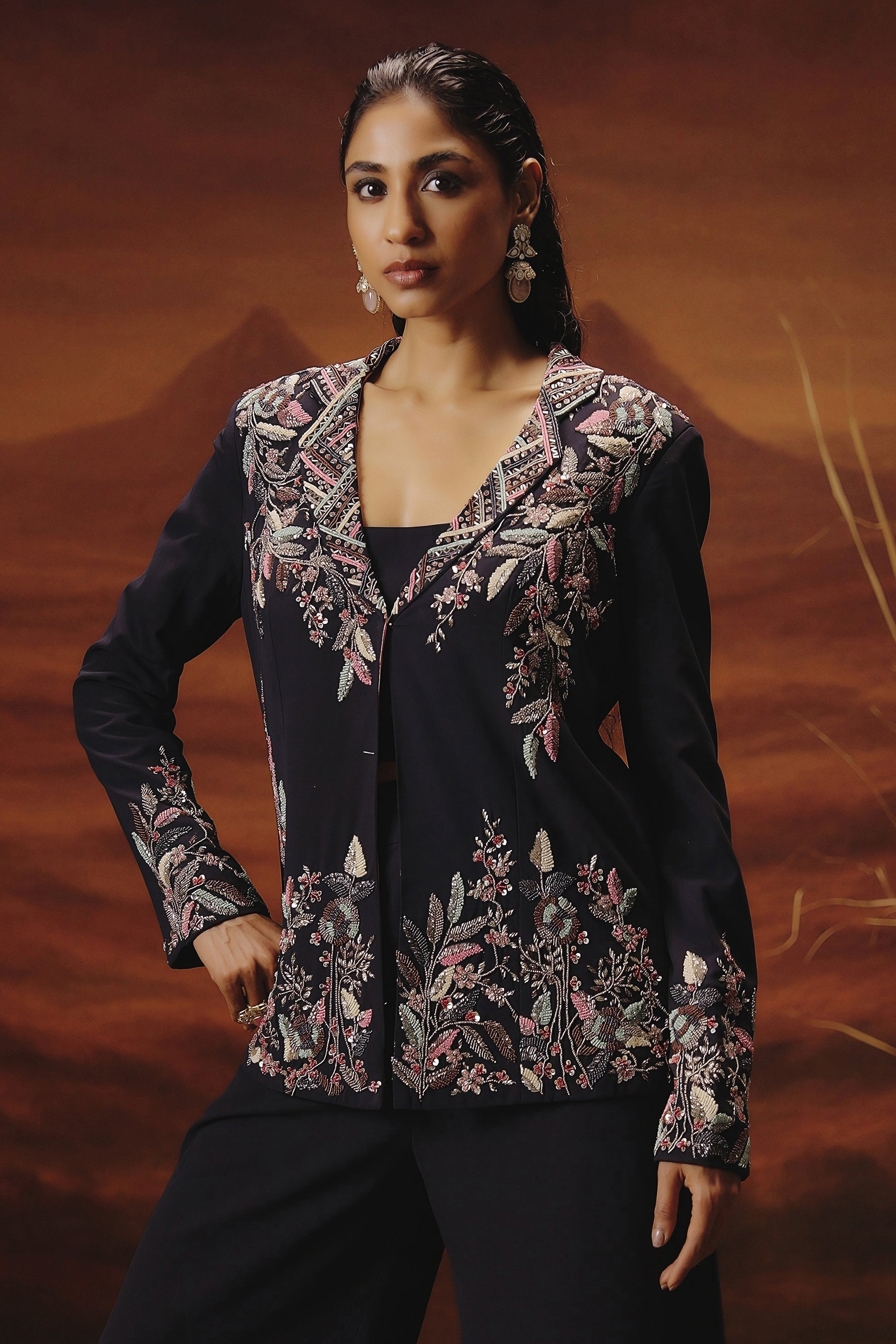 Ink Blue Embellished Georgette Silk Co-Ord Set