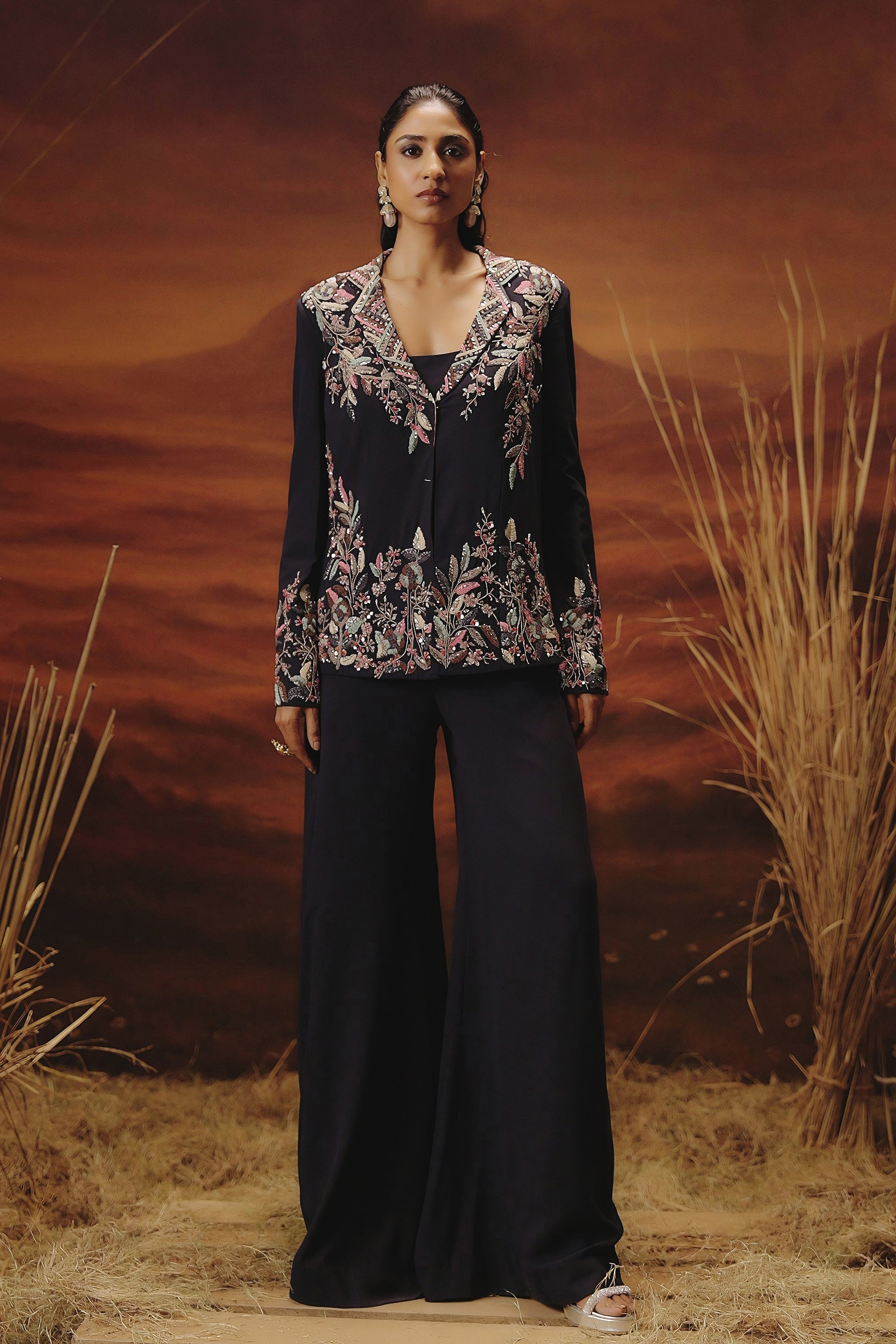 Ink Blue Embellished Georgette Silk Co-Ord Set