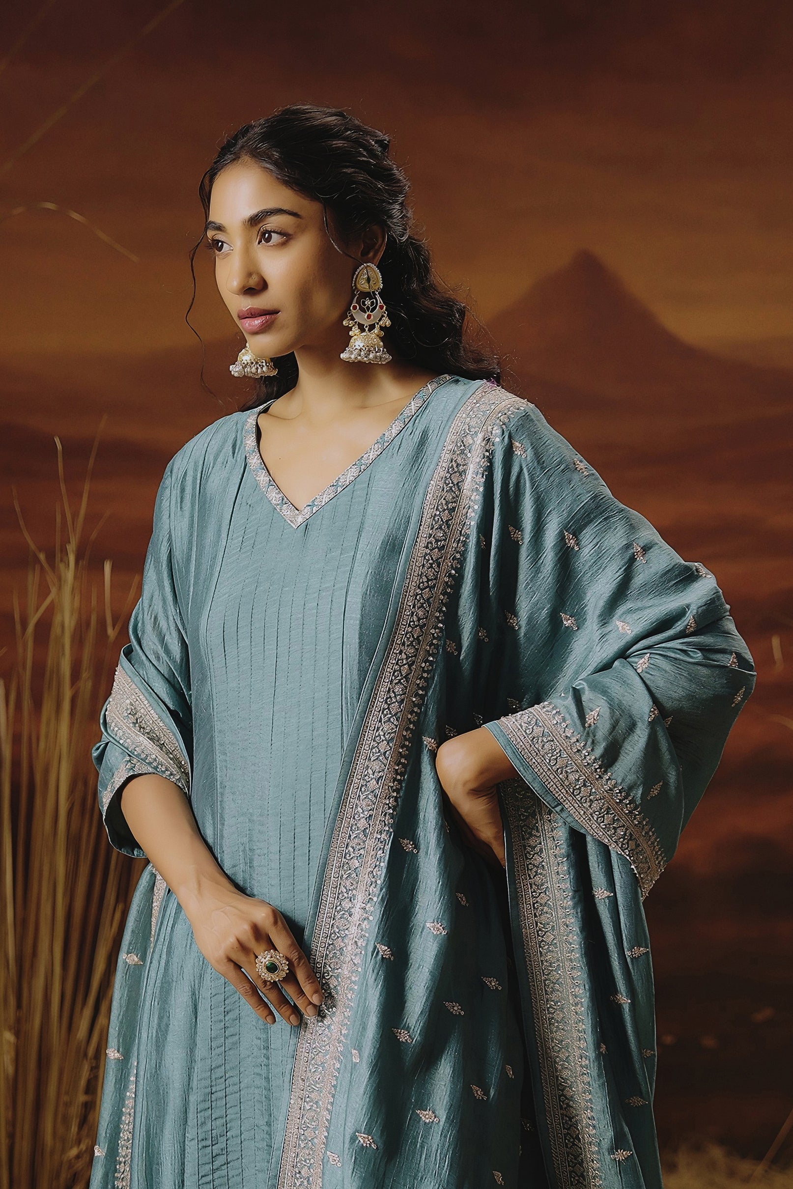 Slate Blue Embellished Premium Silk Pant Set