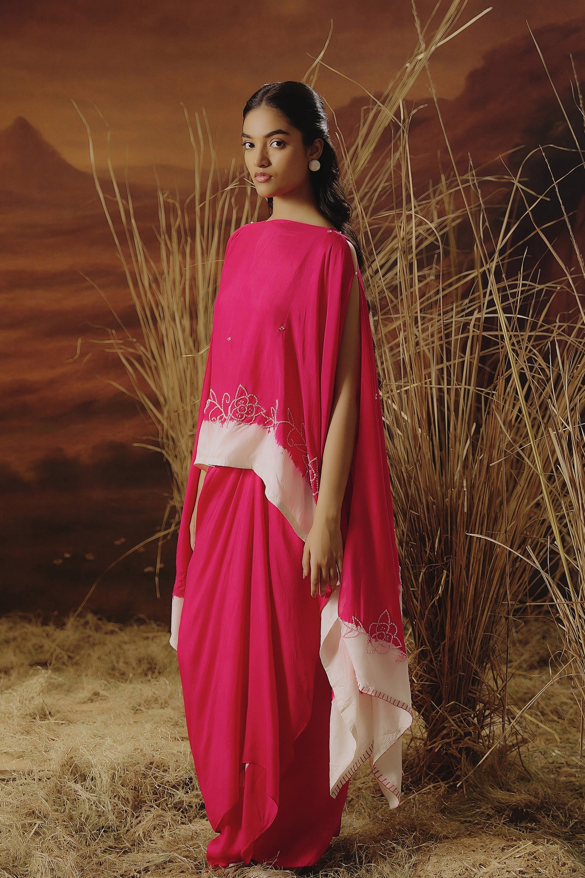 Barbie Pink Embellished Raw Silk Gown Set