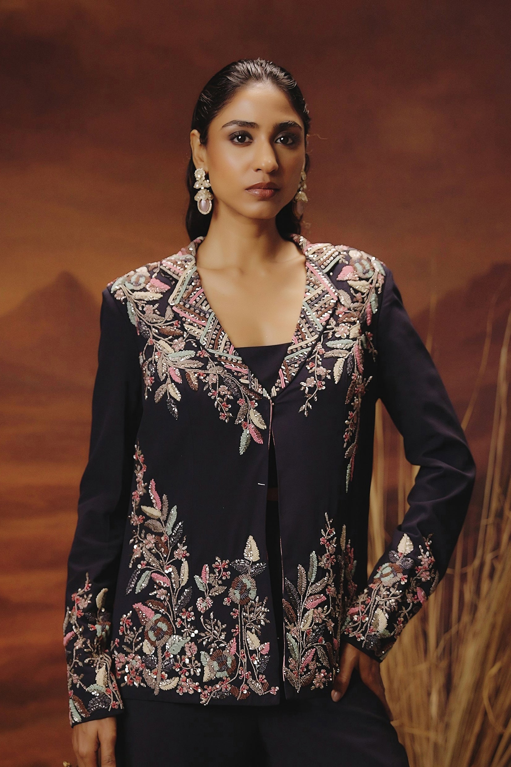 Ink Blue Embellished Georgette Silk Co-Ord Set