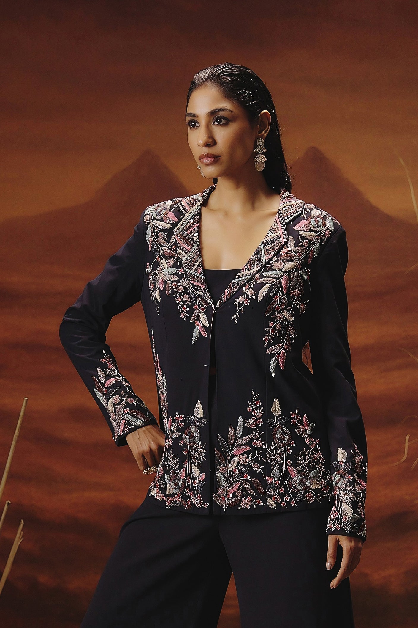 Ink Blue Embellished Georgette Silk Co-Ord Set