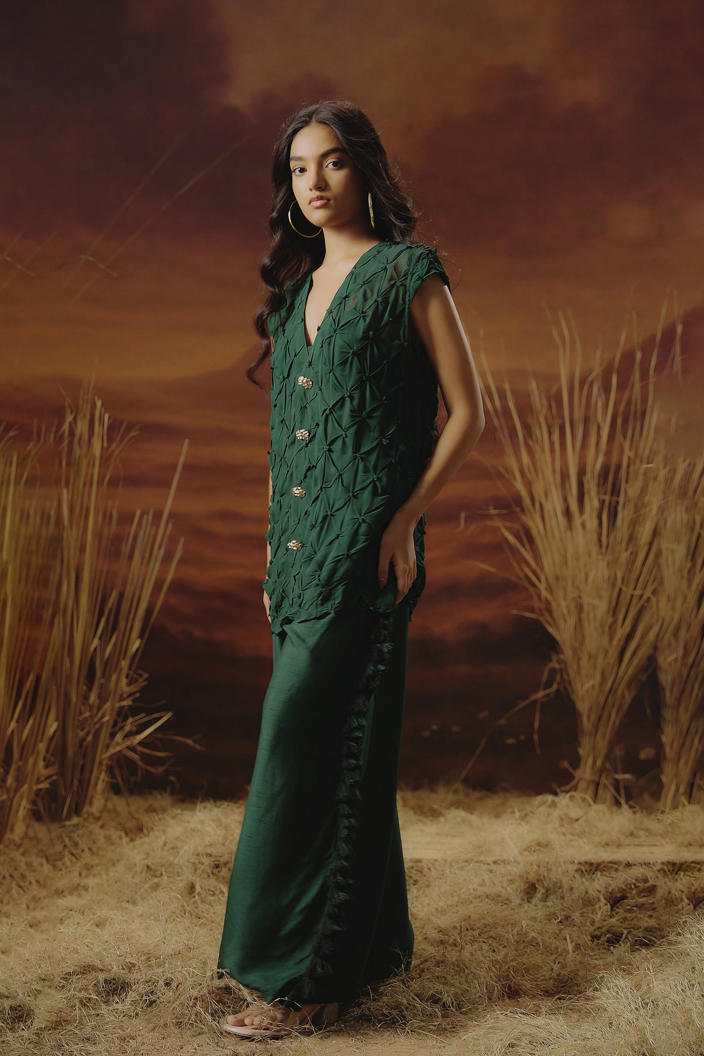 Royal Green Embroidered Raw Silk Co-Ord Set