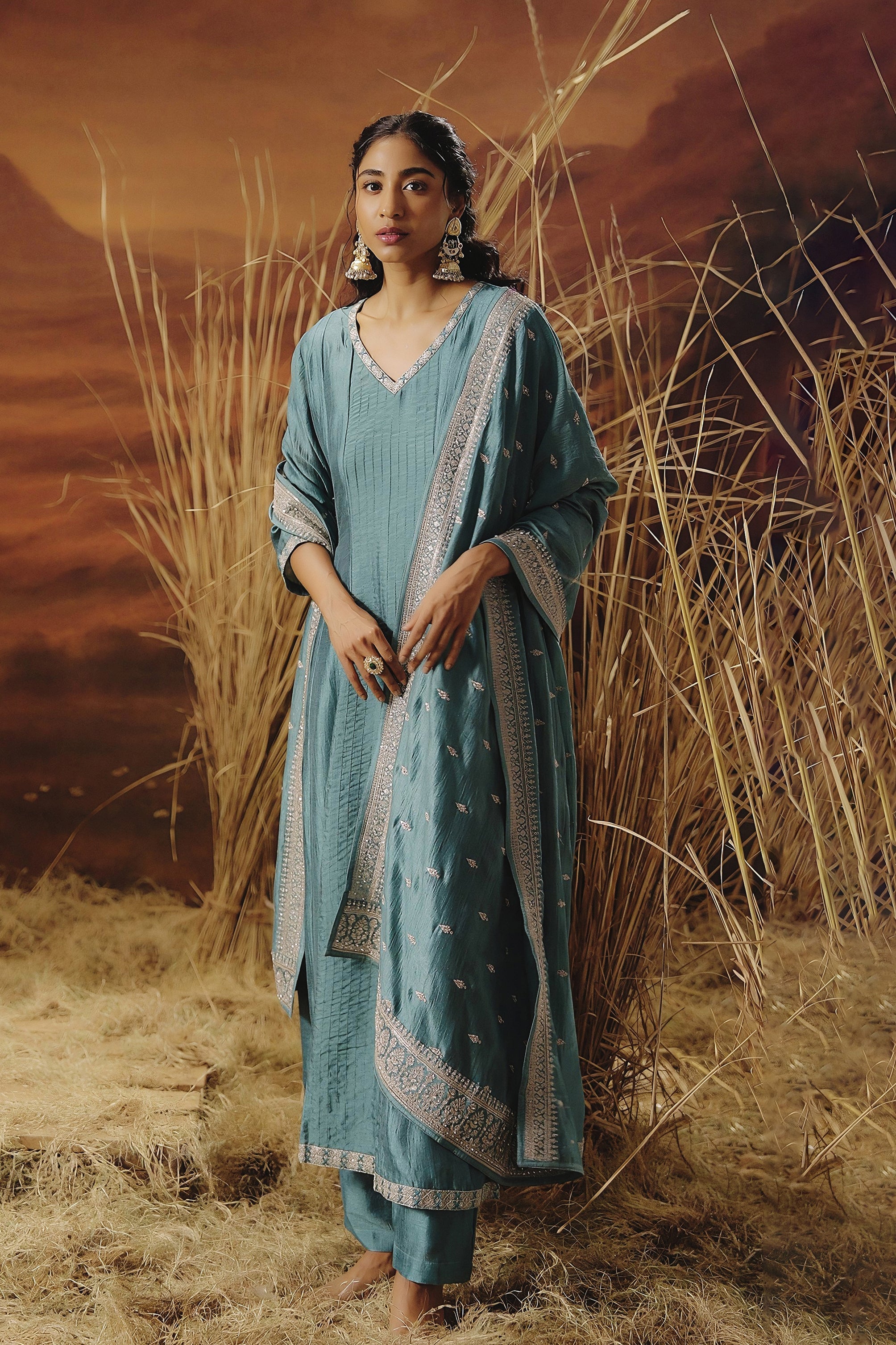 Slate Blue Embellished Premium Silk Pant Set