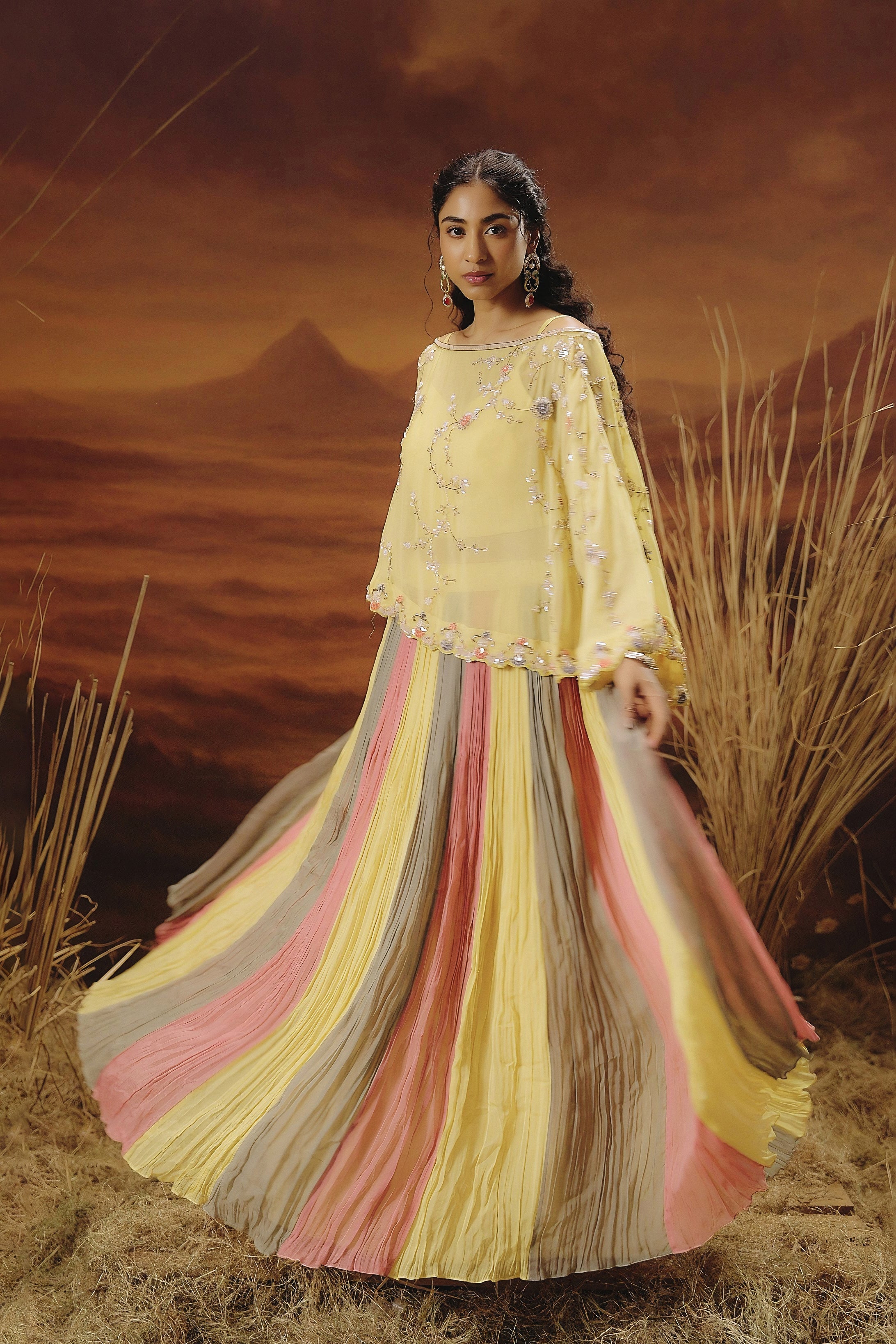 Pastel Yellow Embellished Soft Organza Silk Skirt Set