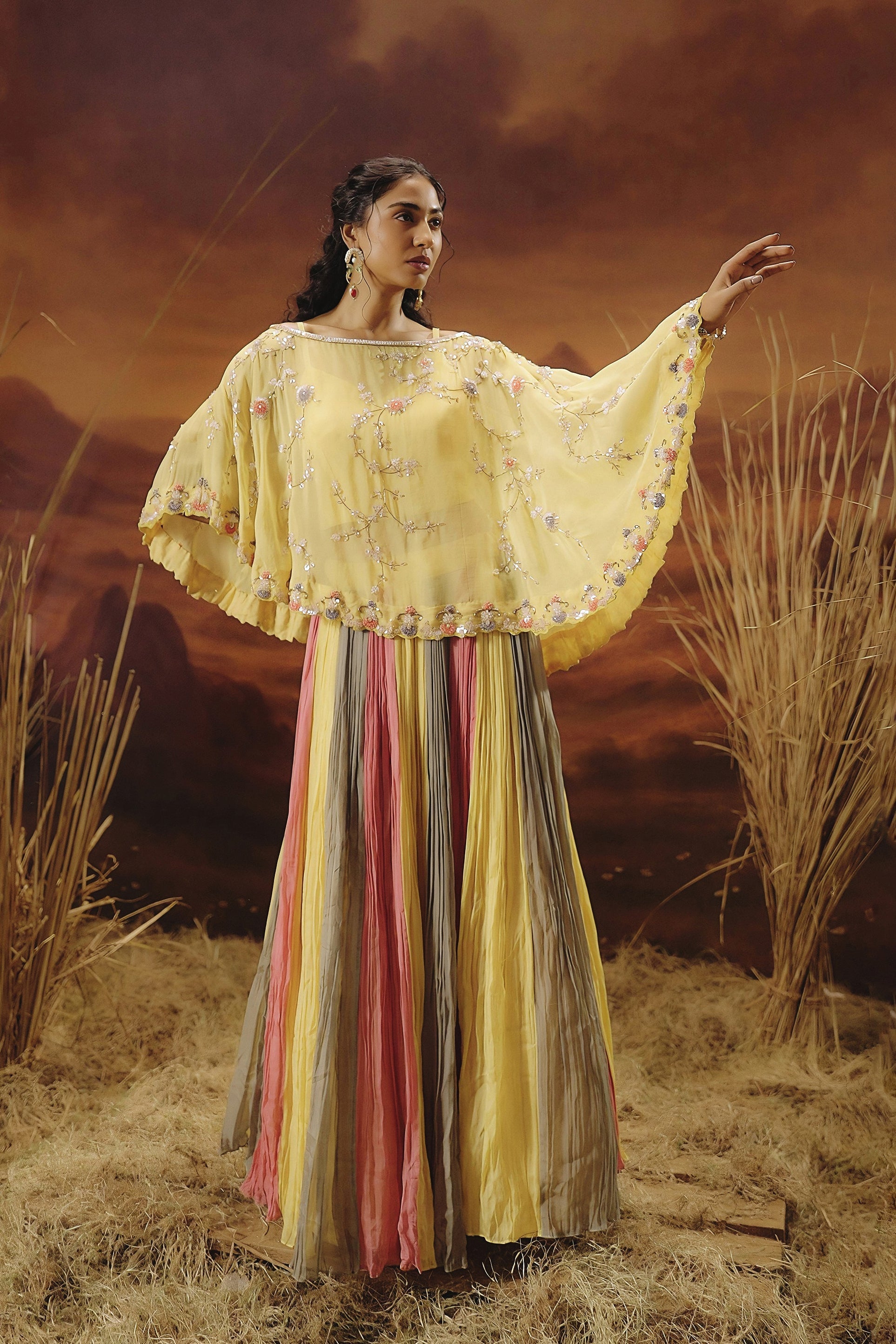 Pastel Yellow Embellished Soft Organza Silk Skirt Set