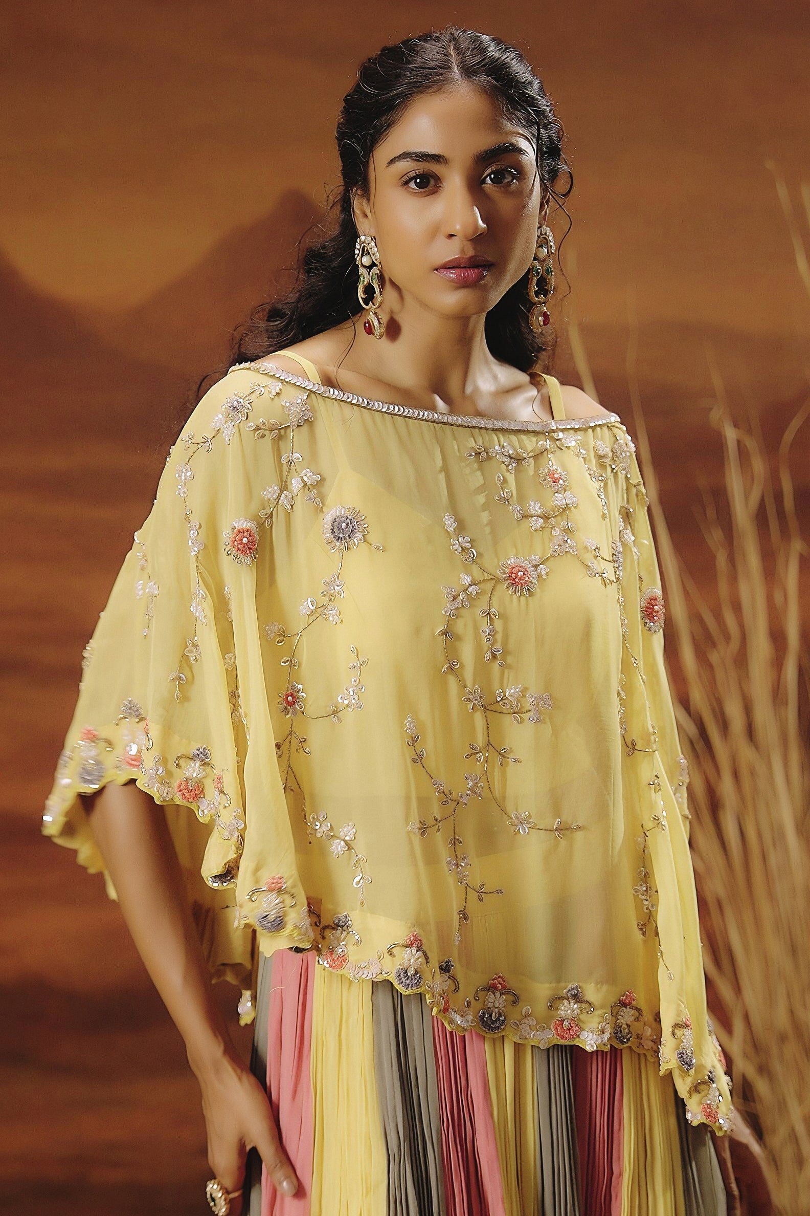 Pastel Yellow Embellished Soft Organza Silk Skirt Set