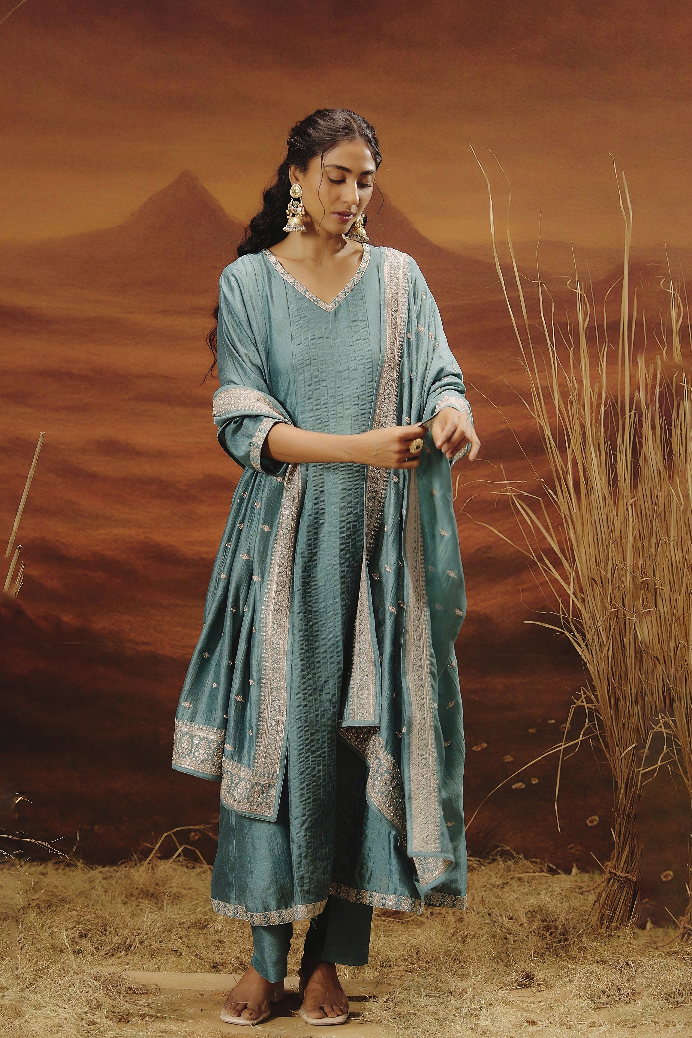 Slate Blue Embellished Premium Silk Pant Set