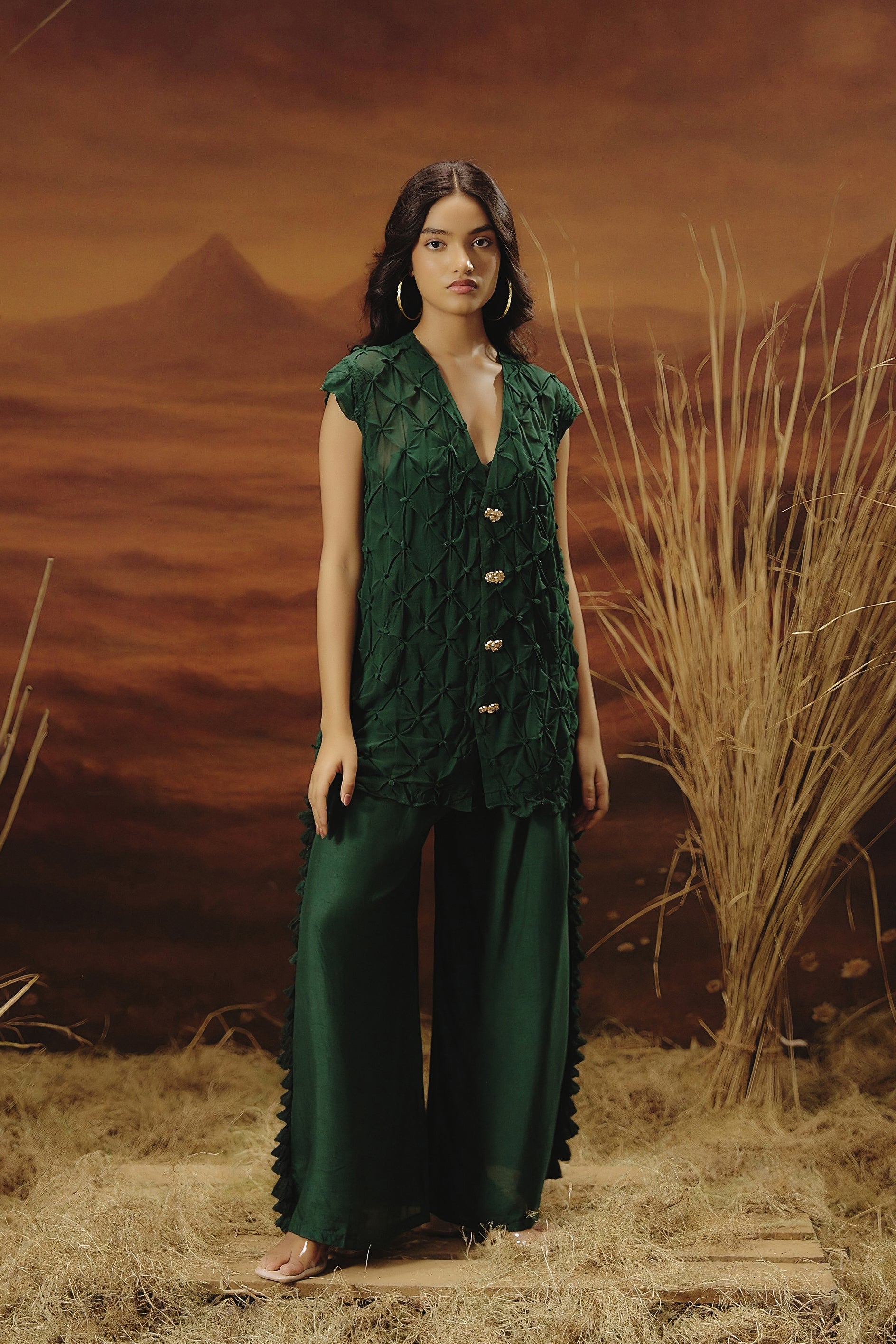 Royal Green Embroidered Raw Silk Co-Ord Set