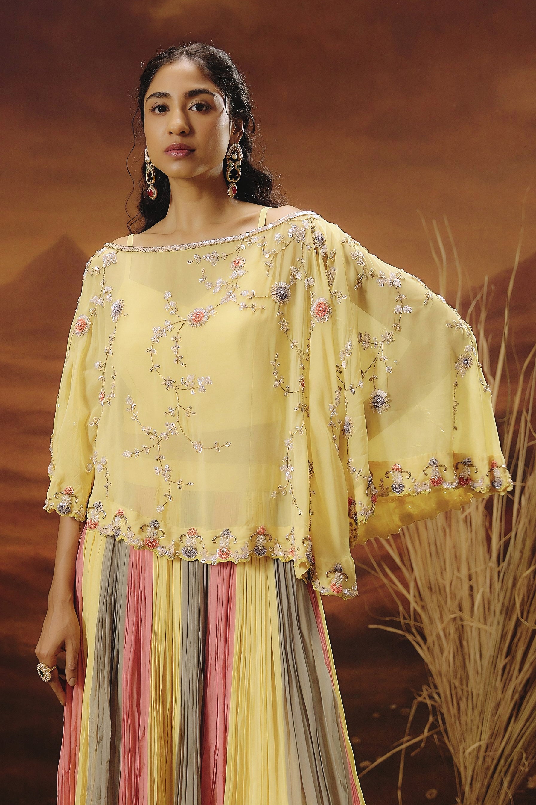 Pastel Yellow Embellished Soft Organza Silk Skirt Set