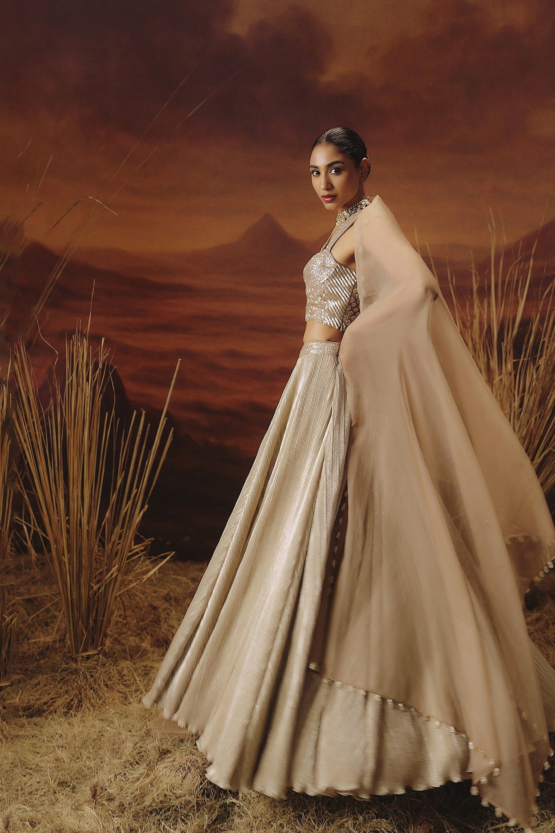 Champagne Gold Embellished Shimmer Lycra Silk Lehenga Set