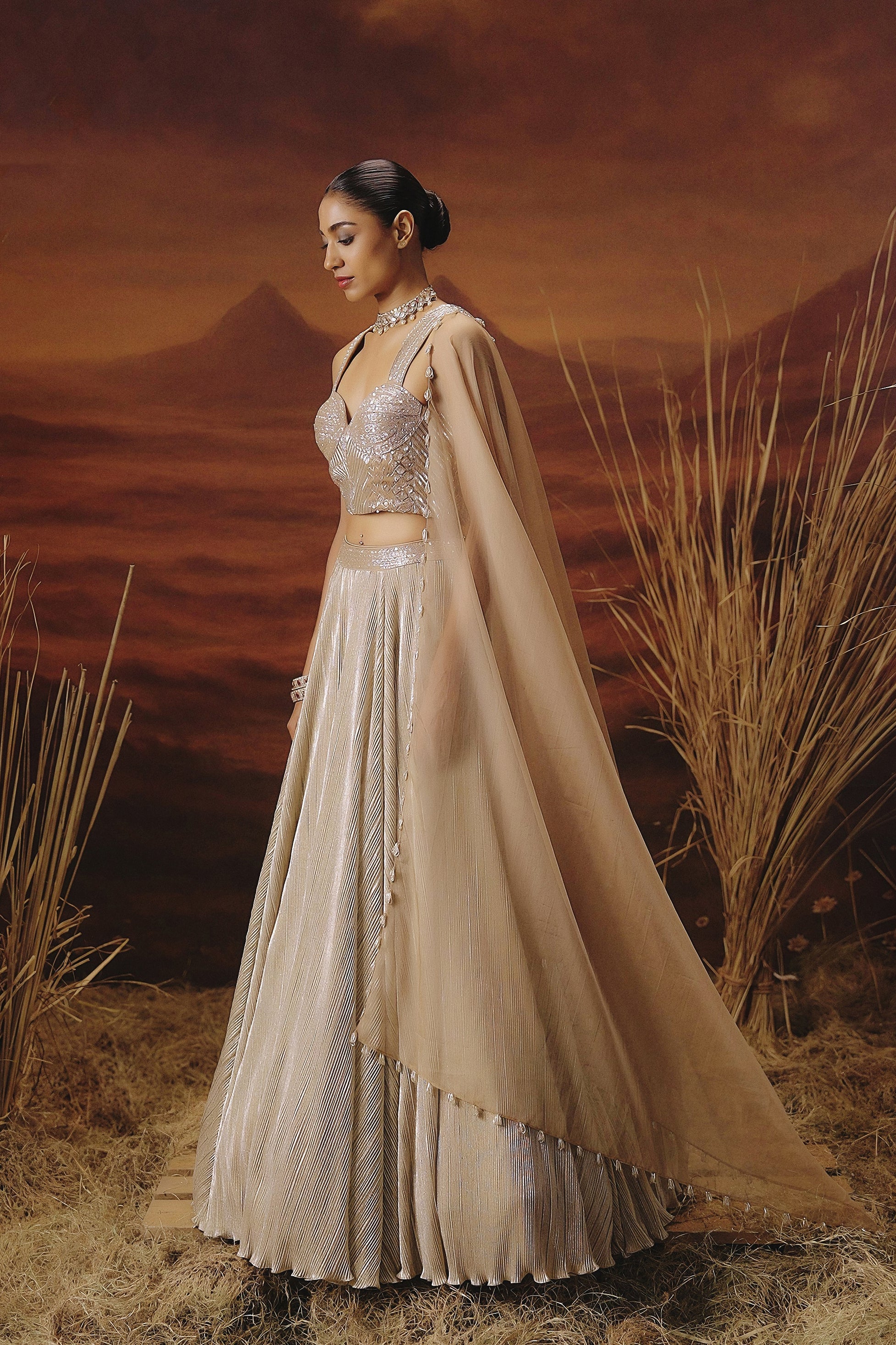 Champagne Gold Embellished Shimmer Lycra Silk Lehenga Set