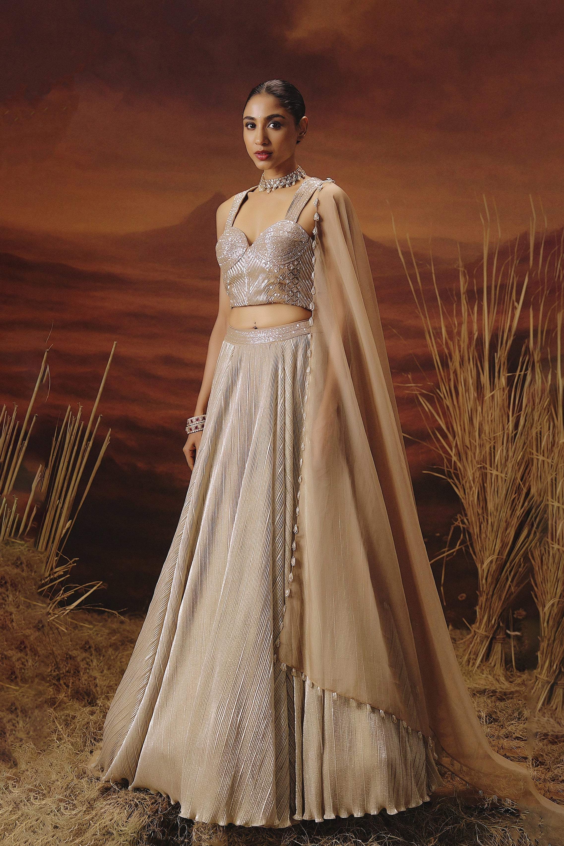 Champagne Gold Embellished Shimmer Lycra Silk Lehenga Set