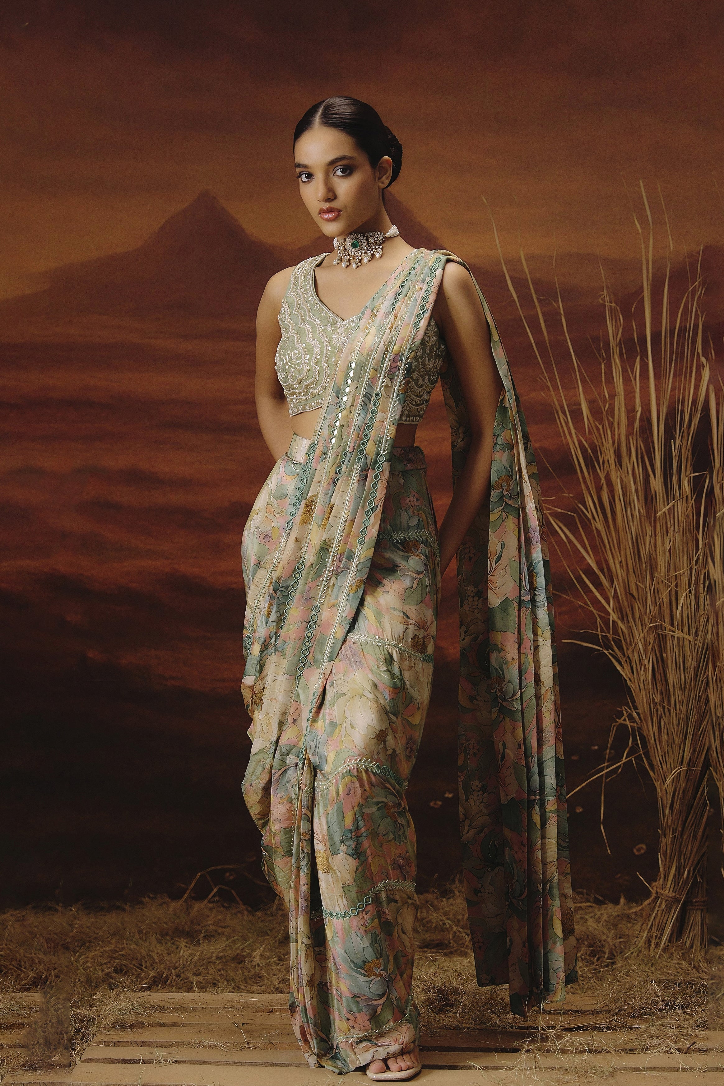 Sage Green Embellished Shimmer Tissue Silk Draped Saree