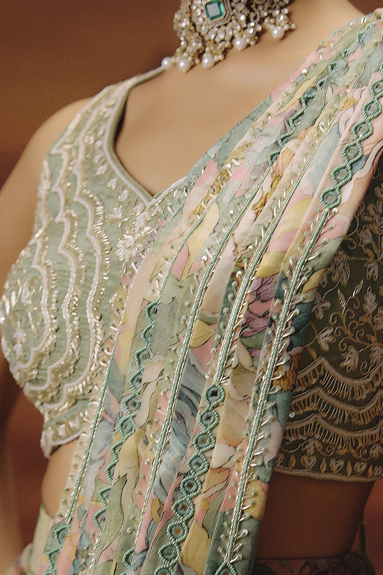 Sage Green Embellished Shimmer Tissue Silk Draped Saree