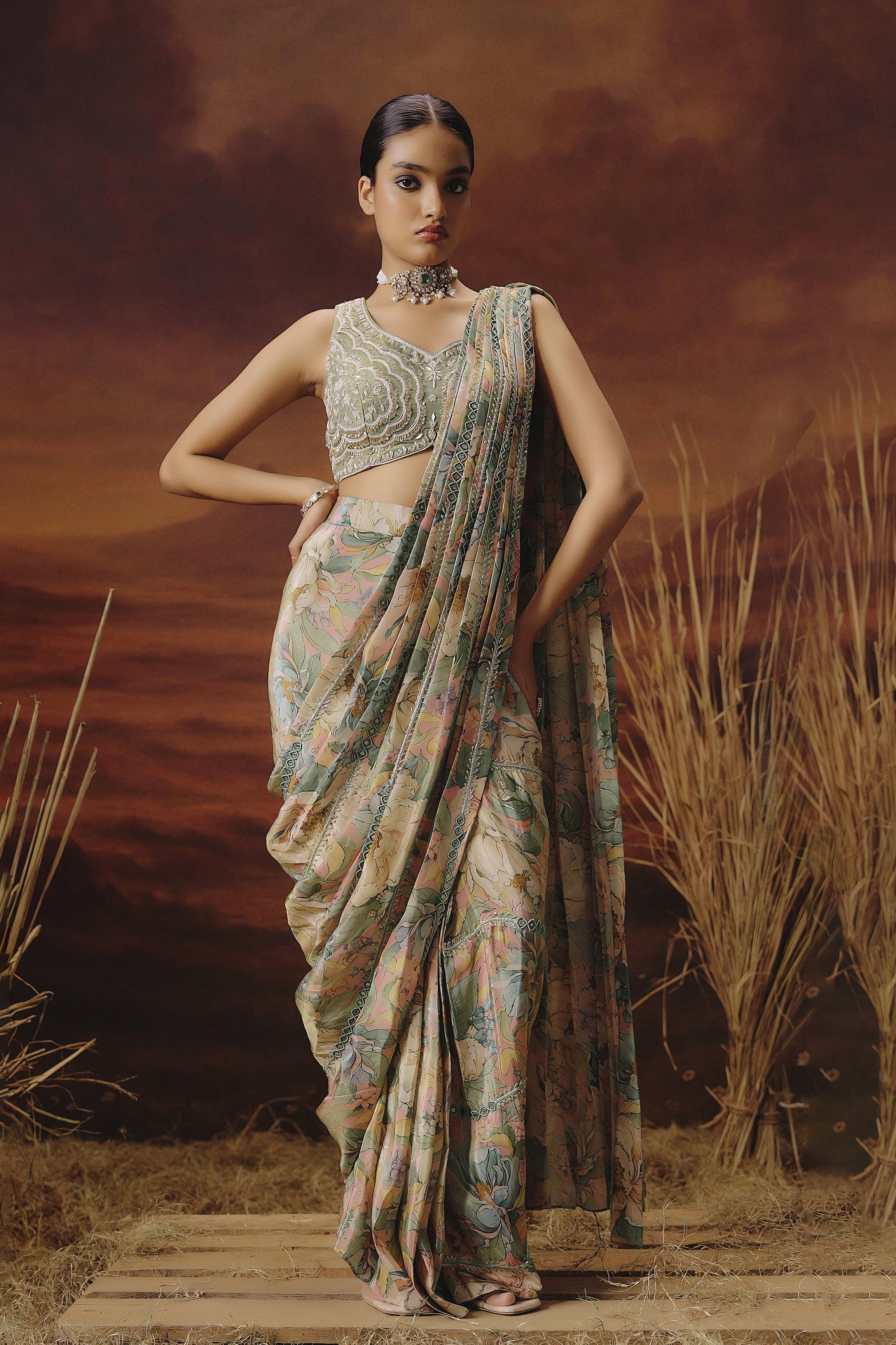 Sage Green Embellished Shimmer Tissue Silk Draped Saree
