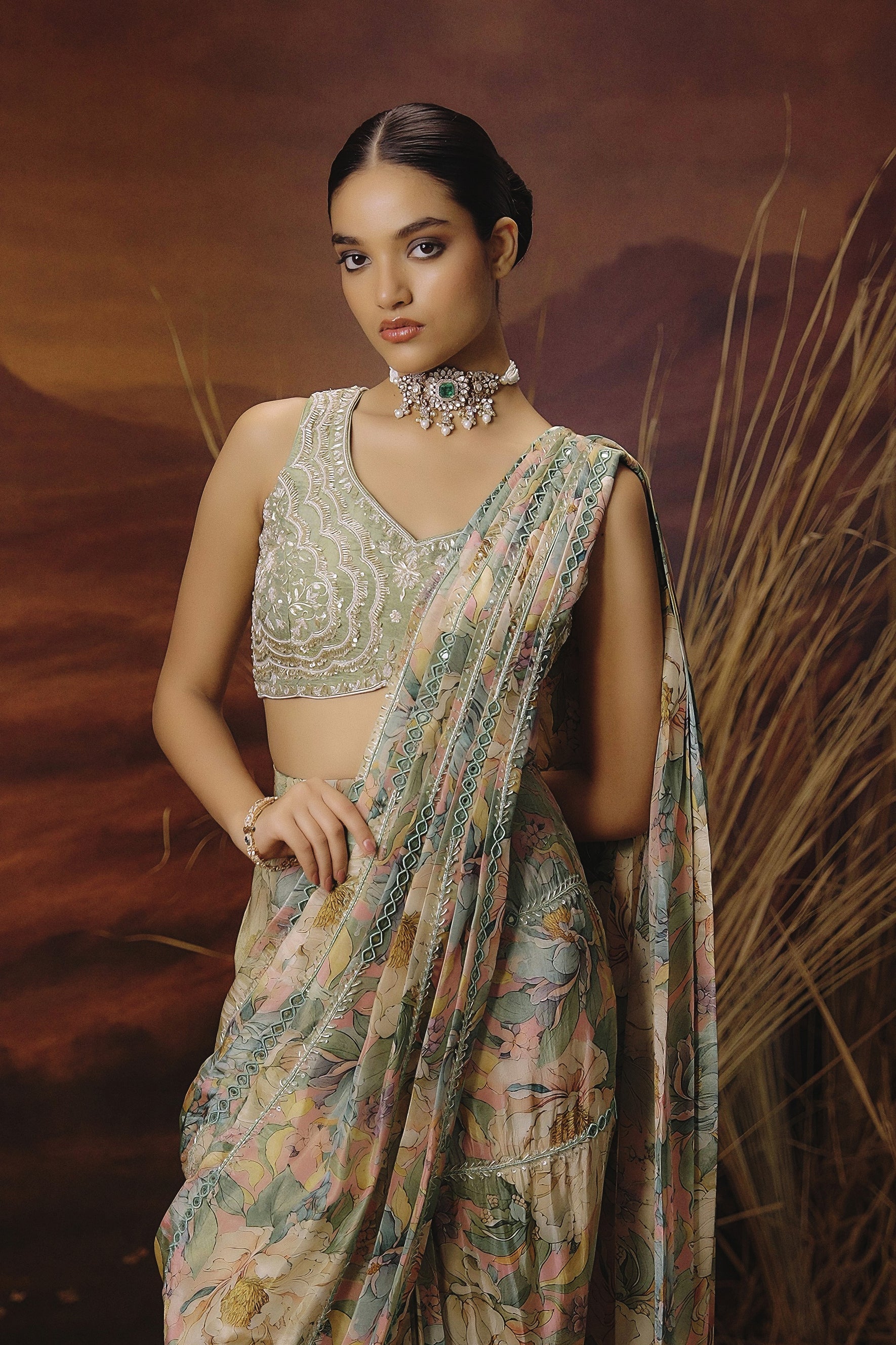 Sage Green Embellished Shimmer Tissue Silk Draped Saree