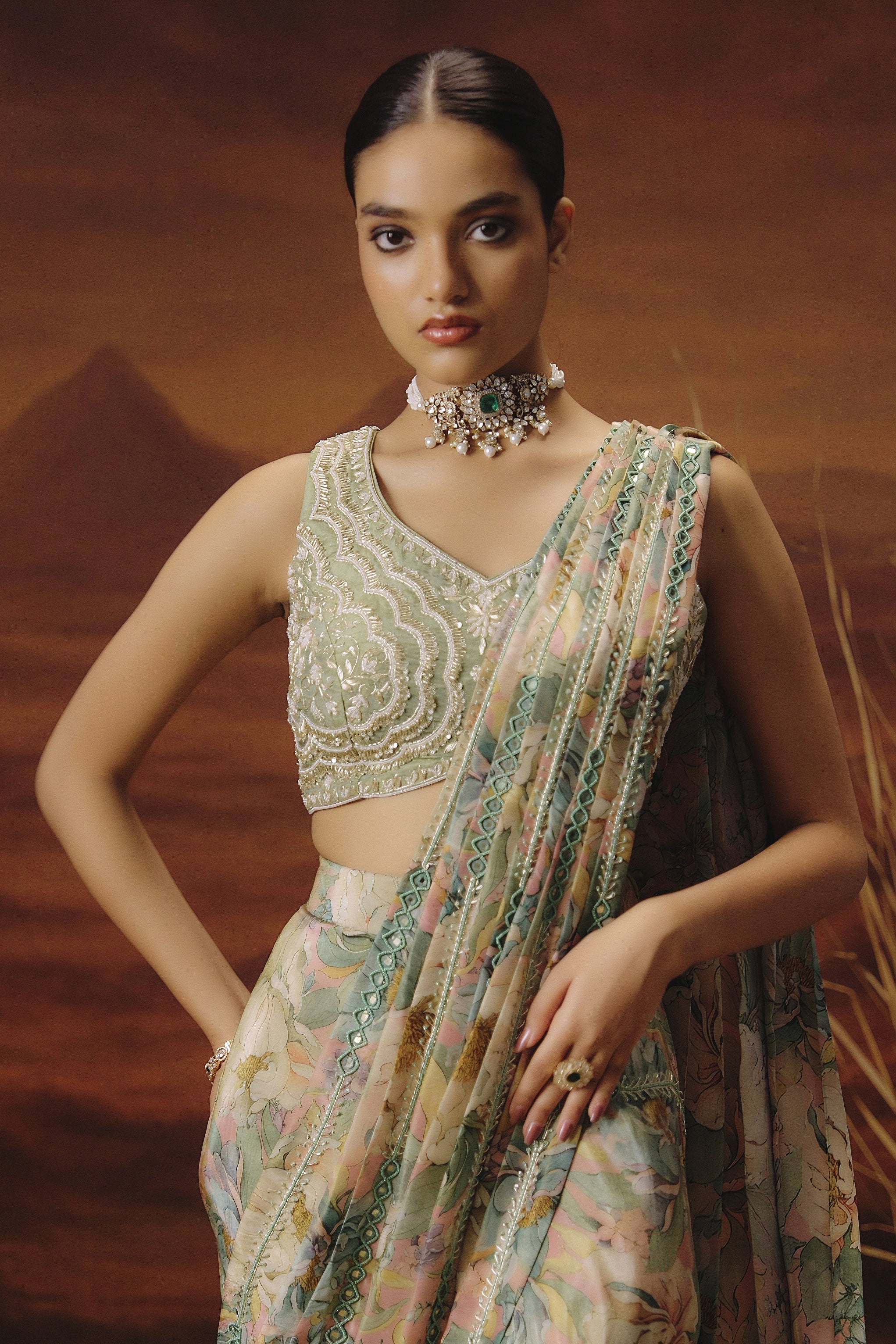 Sage Green Embellished Shimmer Tissue Silk Draped Saree