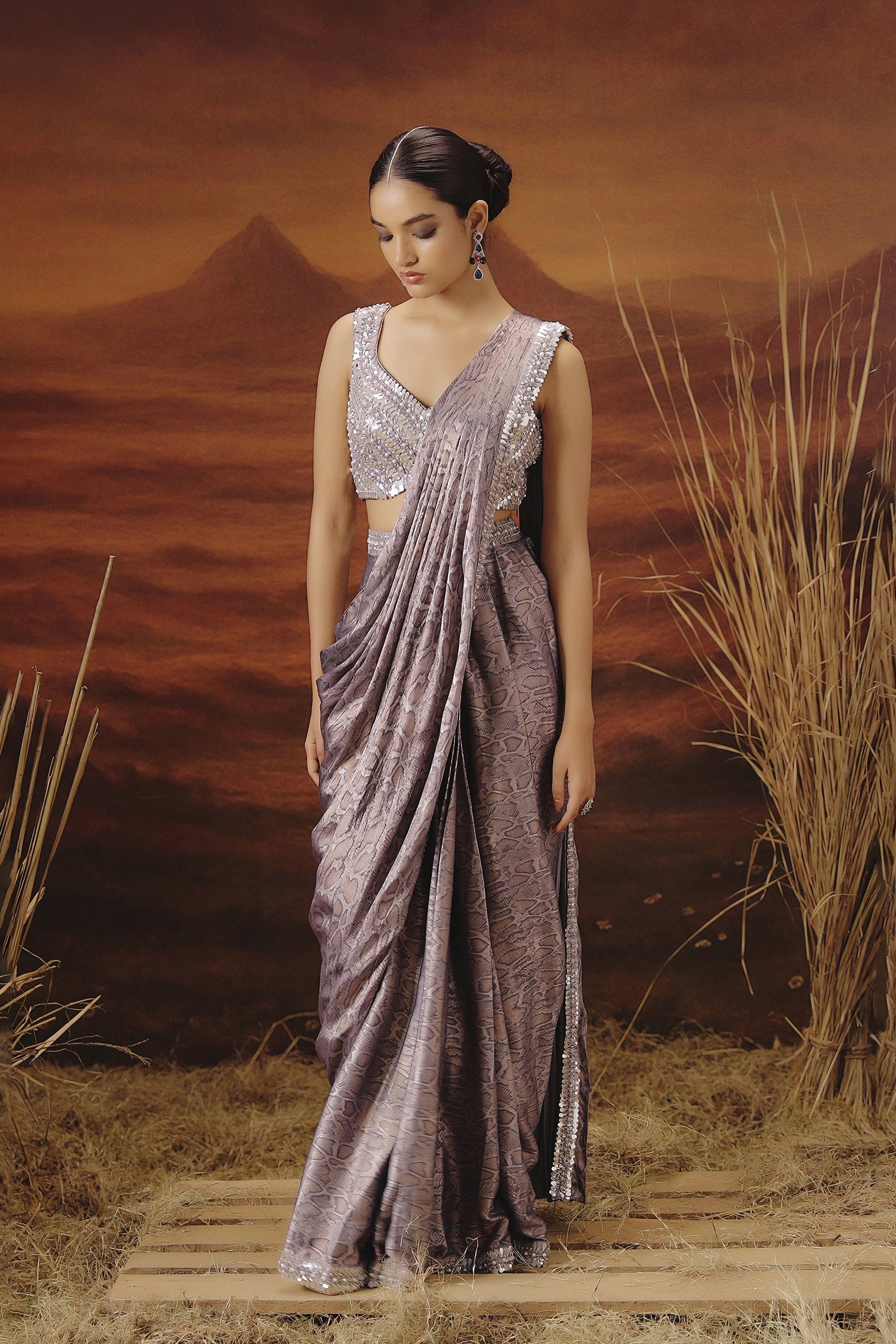 Lilac Purple Embellished Premium Silk Draped Saree